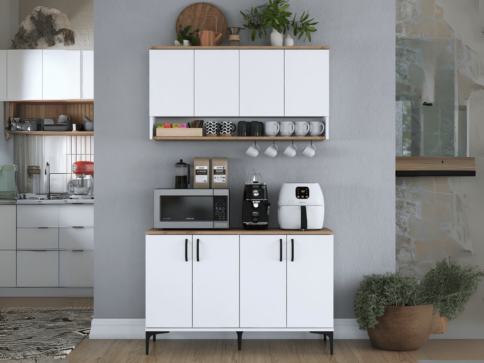 Buffet/bahut RAMSAY 8 portes blanc/noyer