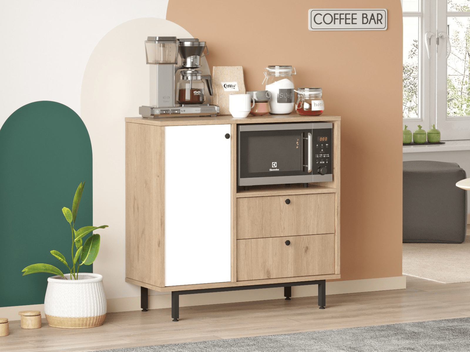 Commode REWONA 1 porte 2 tiroirs chêne/blanc