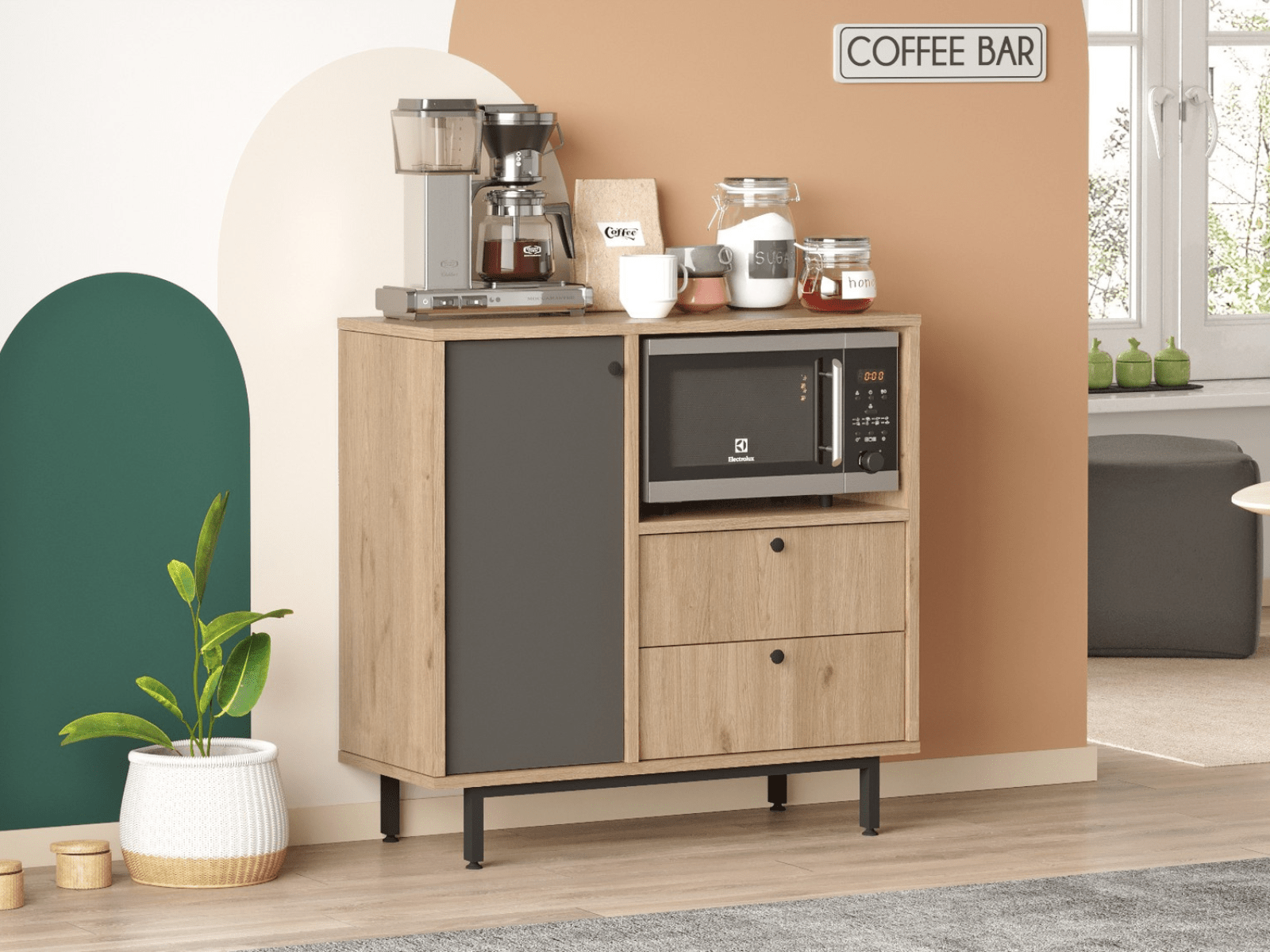 Commode REWONA 1 porte 2 tiroirs chêne/anthracite