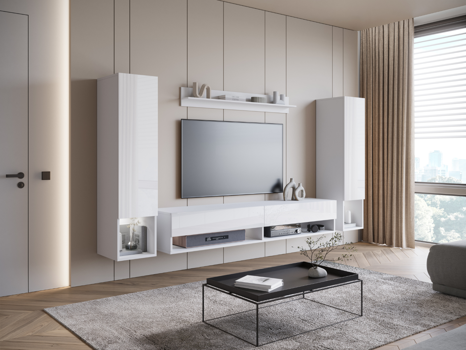 Mur tv-hifi AMADEUS 4 portes blanc/blanc brillant avec led