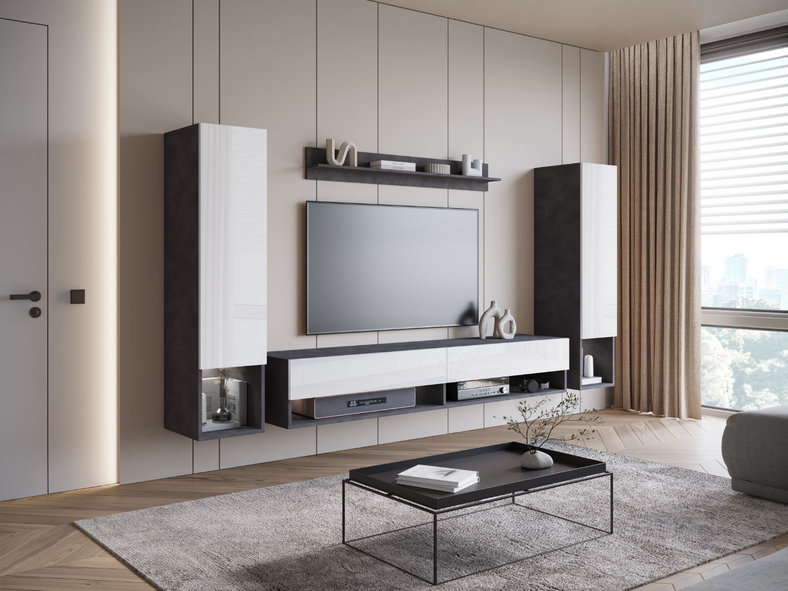 Mur tv-hifi AMADEUS 4 portes anthracite/blanc brillant
