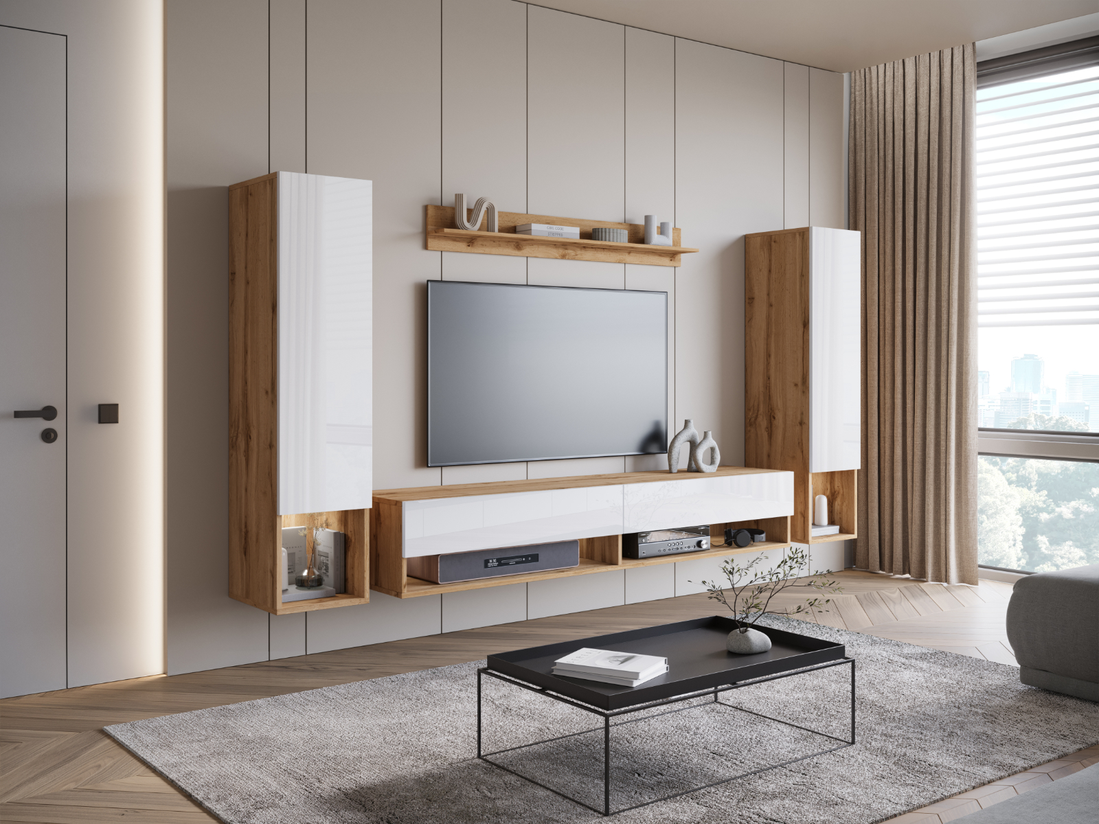 Mur tv-hifi AMADEUS 4 portes chêne wotan/blanc brillant