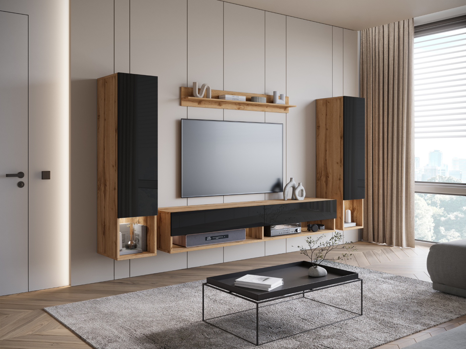 Mur tv-hifi AMADEUS 4 portes chêne wotan/noir brillant avec led
