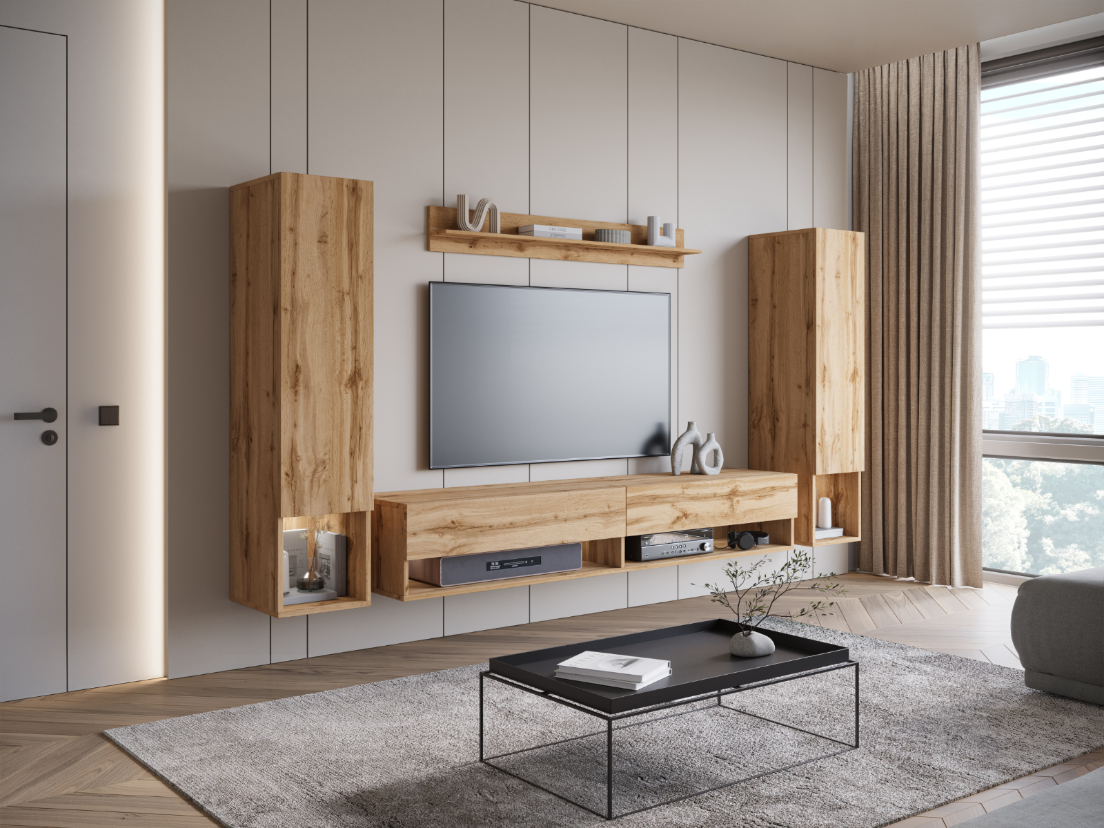 Mur tv-hifi AMADEUS 4 portes chêne wotan avec led