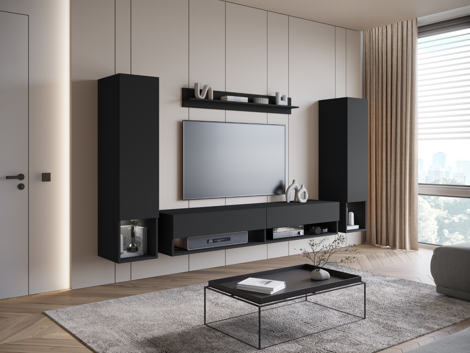 Mur tv-hifi AMADEUS 4 portes graphite noir avec led