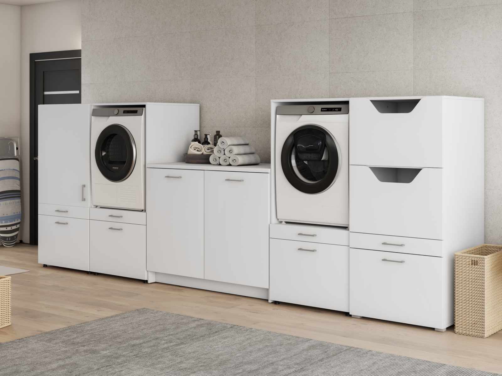 Meuble WASHING 2 machines avec armoire 1 porte 2 tiroirs et armoire linge et meuble bas MEDIUM blanc