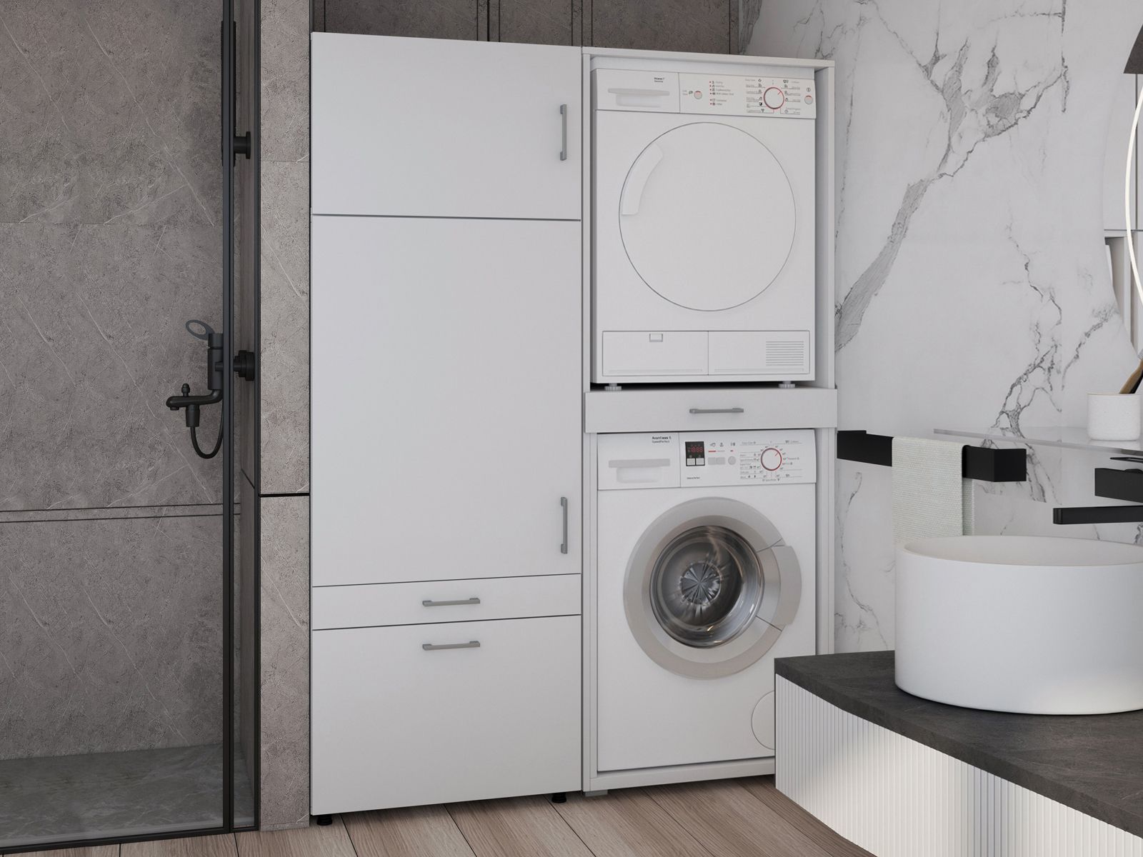 Meuble WASHING 2 machines superposées avec armoire 1 porte 2 tiroirs MEDIUM blanc