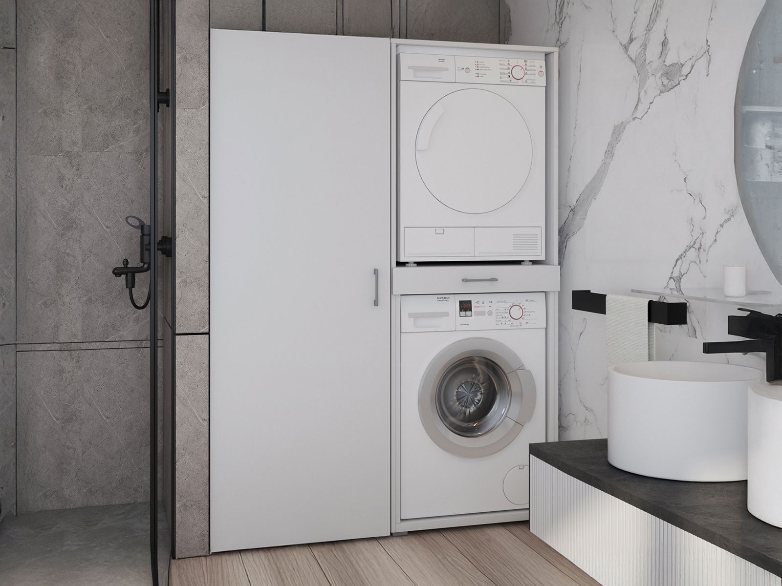 Meuble WASHING 2 machines superposées avec armoire 1 porte MEDIUM blanc