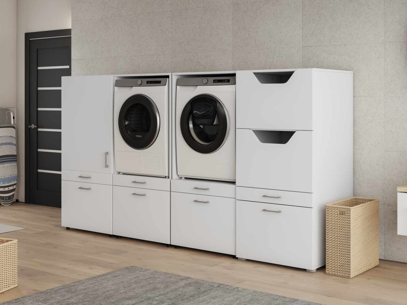 Meuble WASHING 2 machines avec armoire 1 porte 2 tiroirs et armoire linge MEDIUM blanc