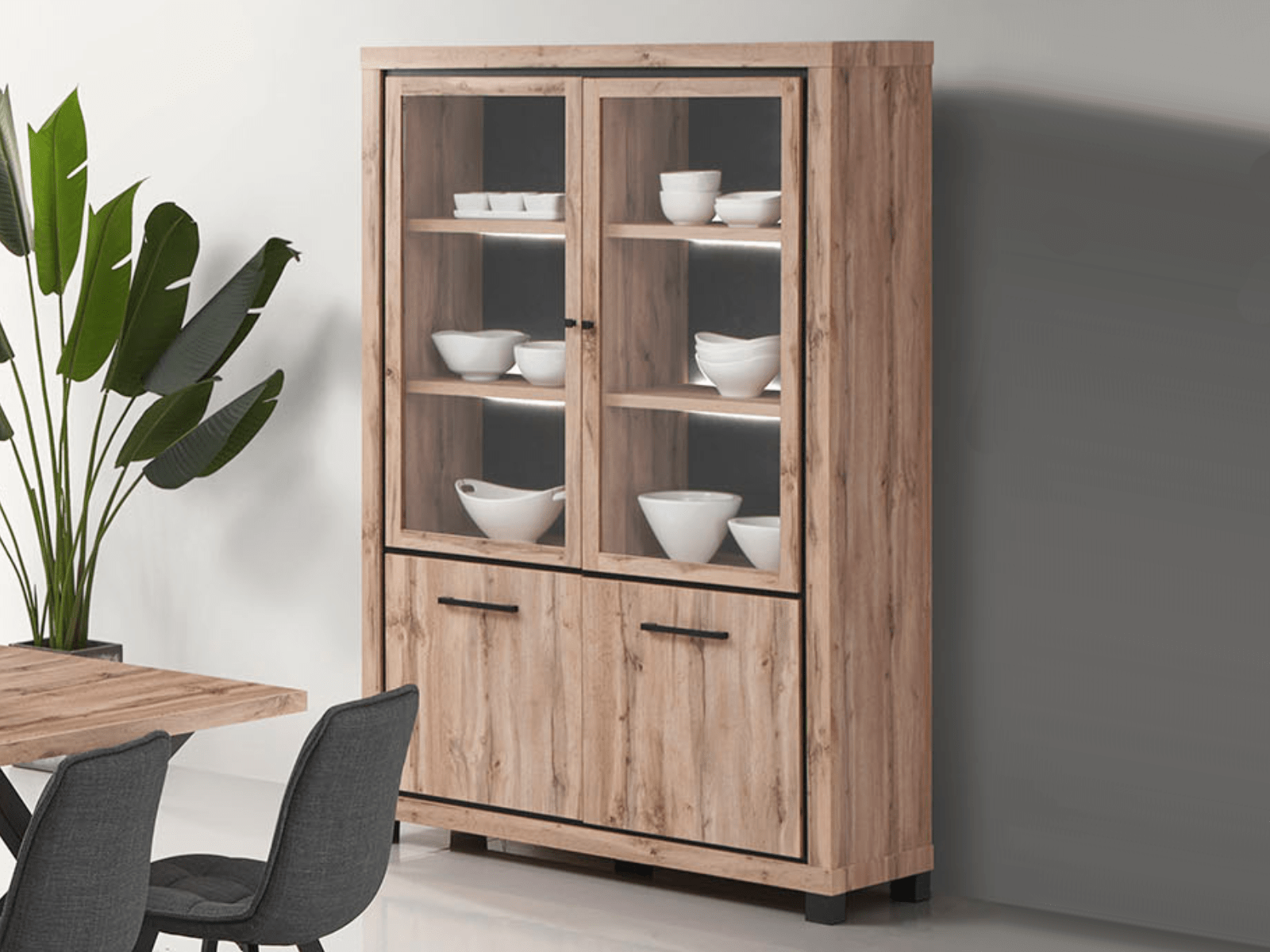 Vitrine ELEGA 4 portes chêne canadien avec led