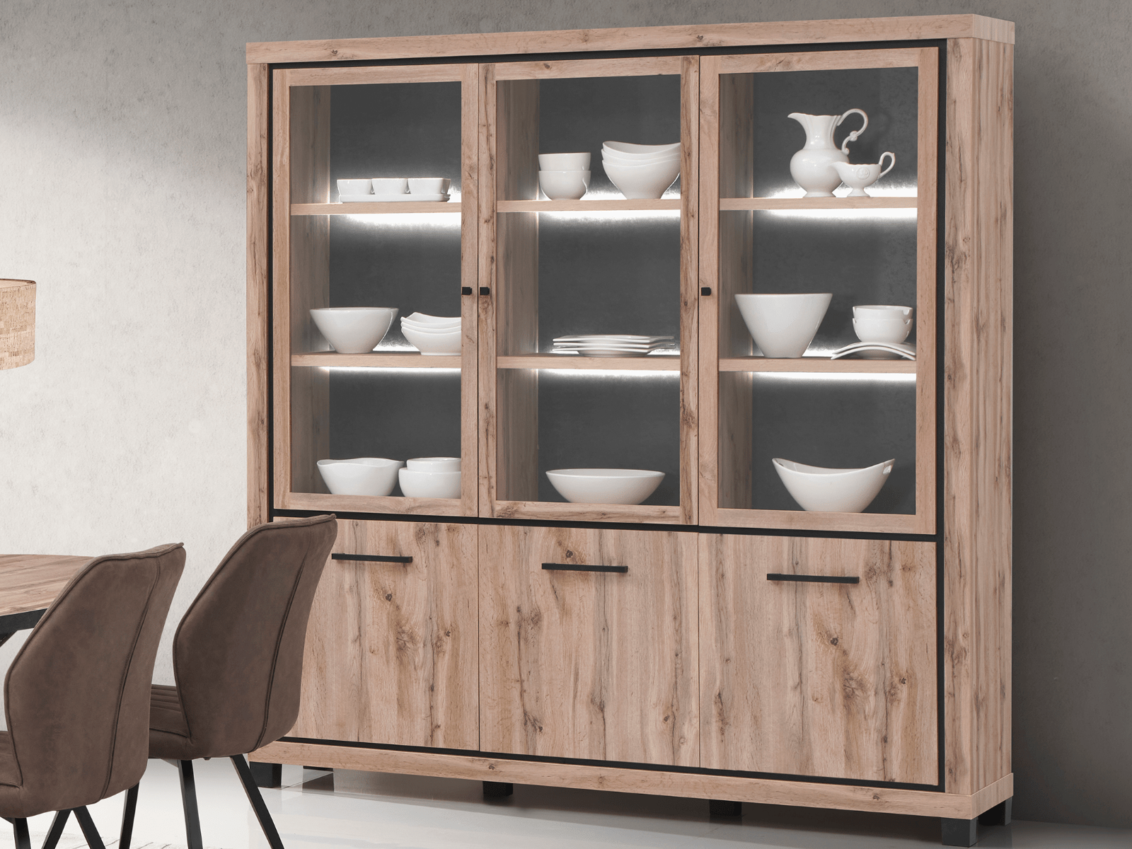 Vitrine ELEGA 6 portes chêne canadien avec led