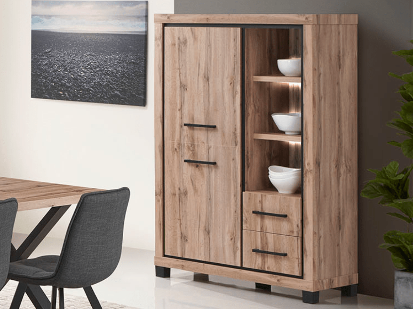 Meuble bar ELEGA 2 portes 2 tiroirs chêne canadien avec led