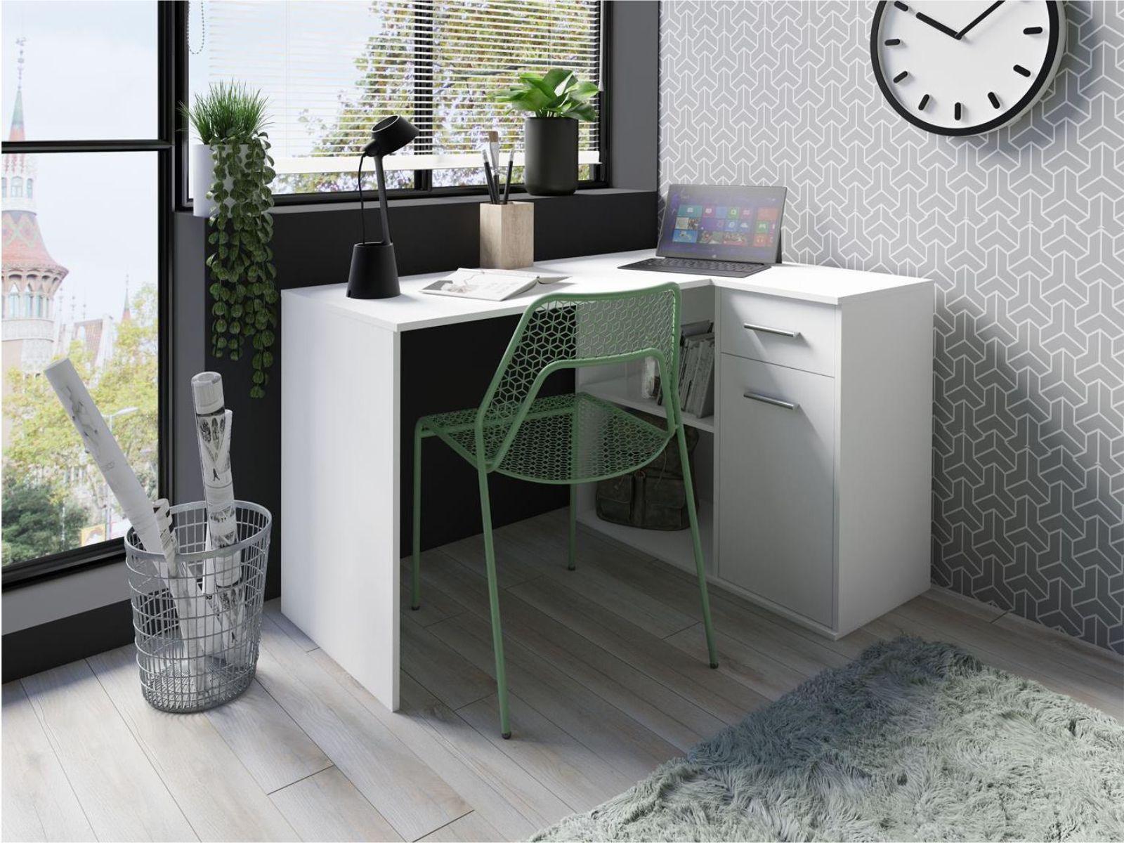 Bureau d'angle BEGIX 1 porte 1 tiroir blanc
