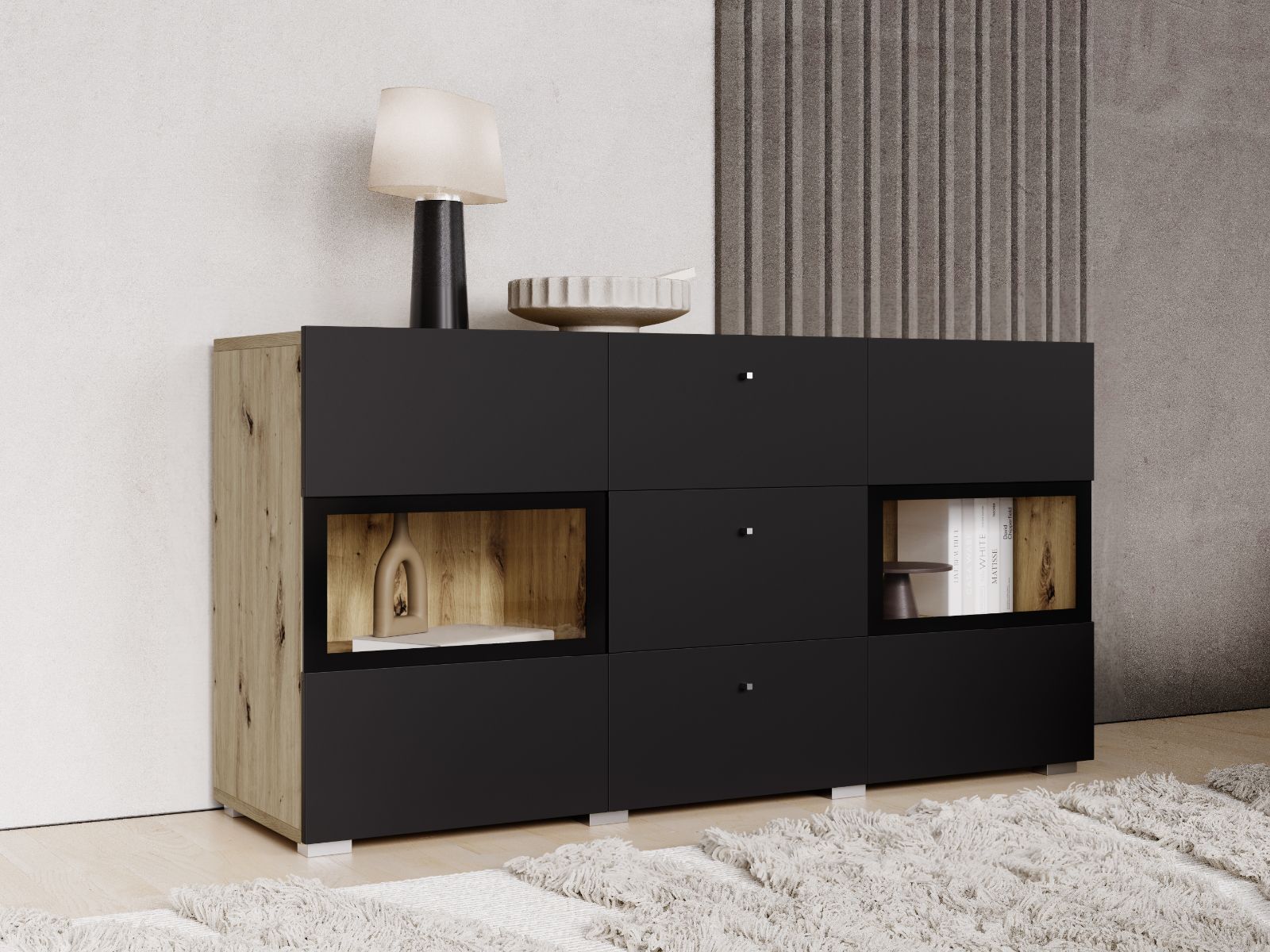 Commode BABEL 2 portes et 3 tiroirs chêne artisan/noir mat