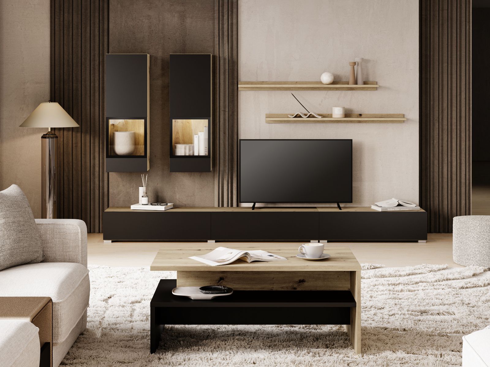 Mur tv-hifi BABEL 5 portes chêne artisan/noir mat avec table basse