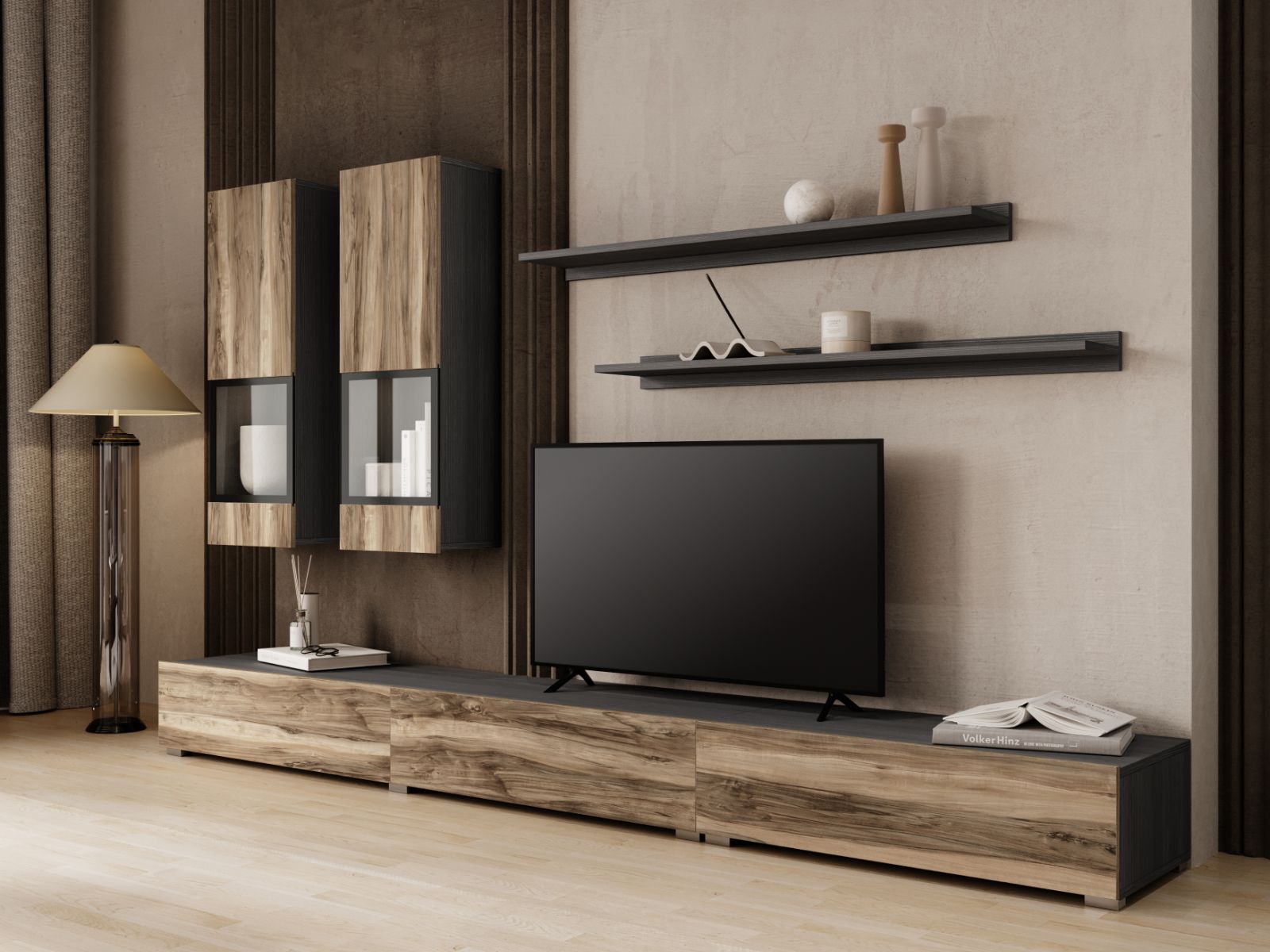 Mur tv-hifi BABEL 5 portes noyer/chêne grisé avec led