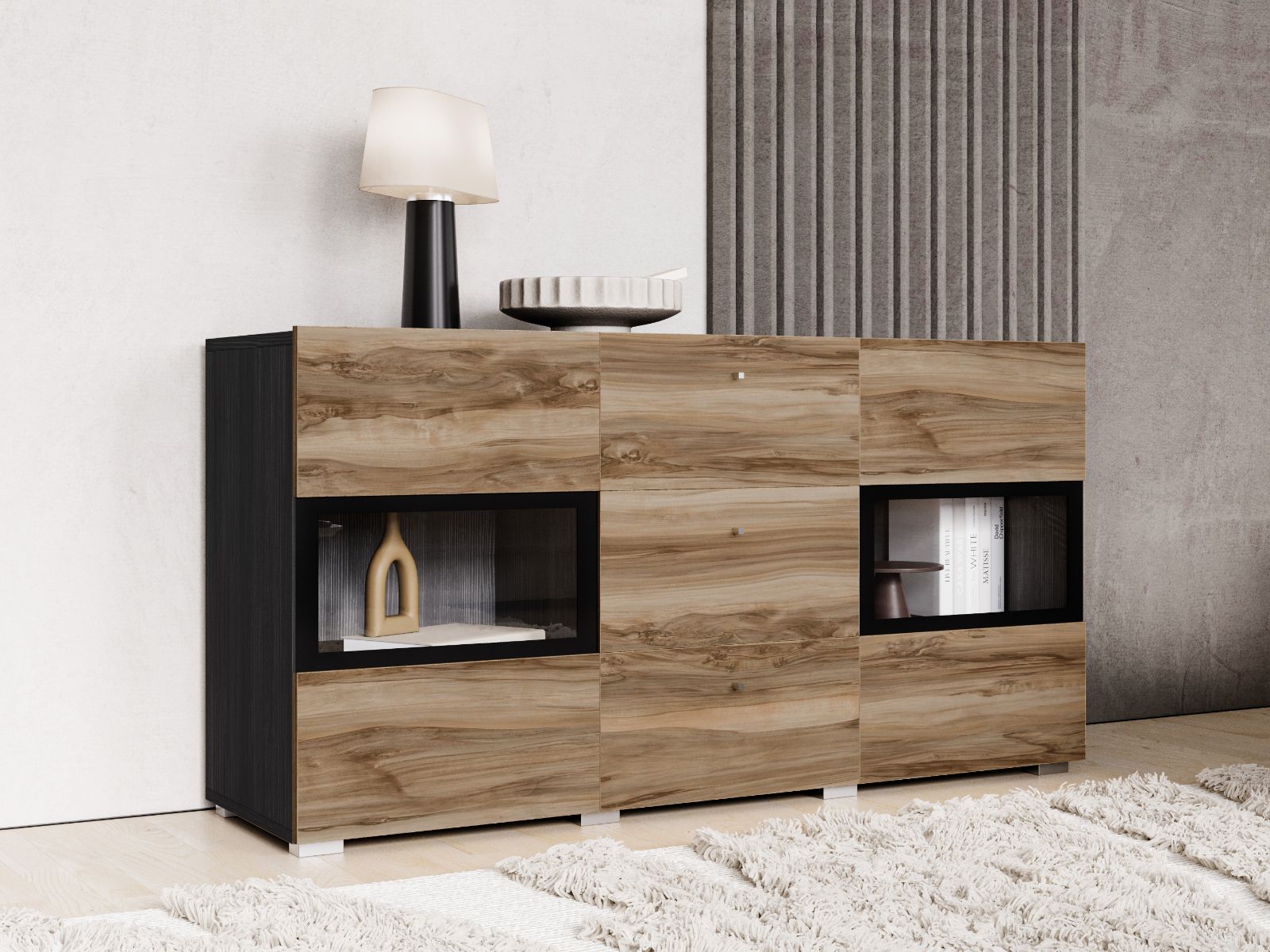 Commode BABEL 2 portes et 3 tiroirs noyer/chêne grisé