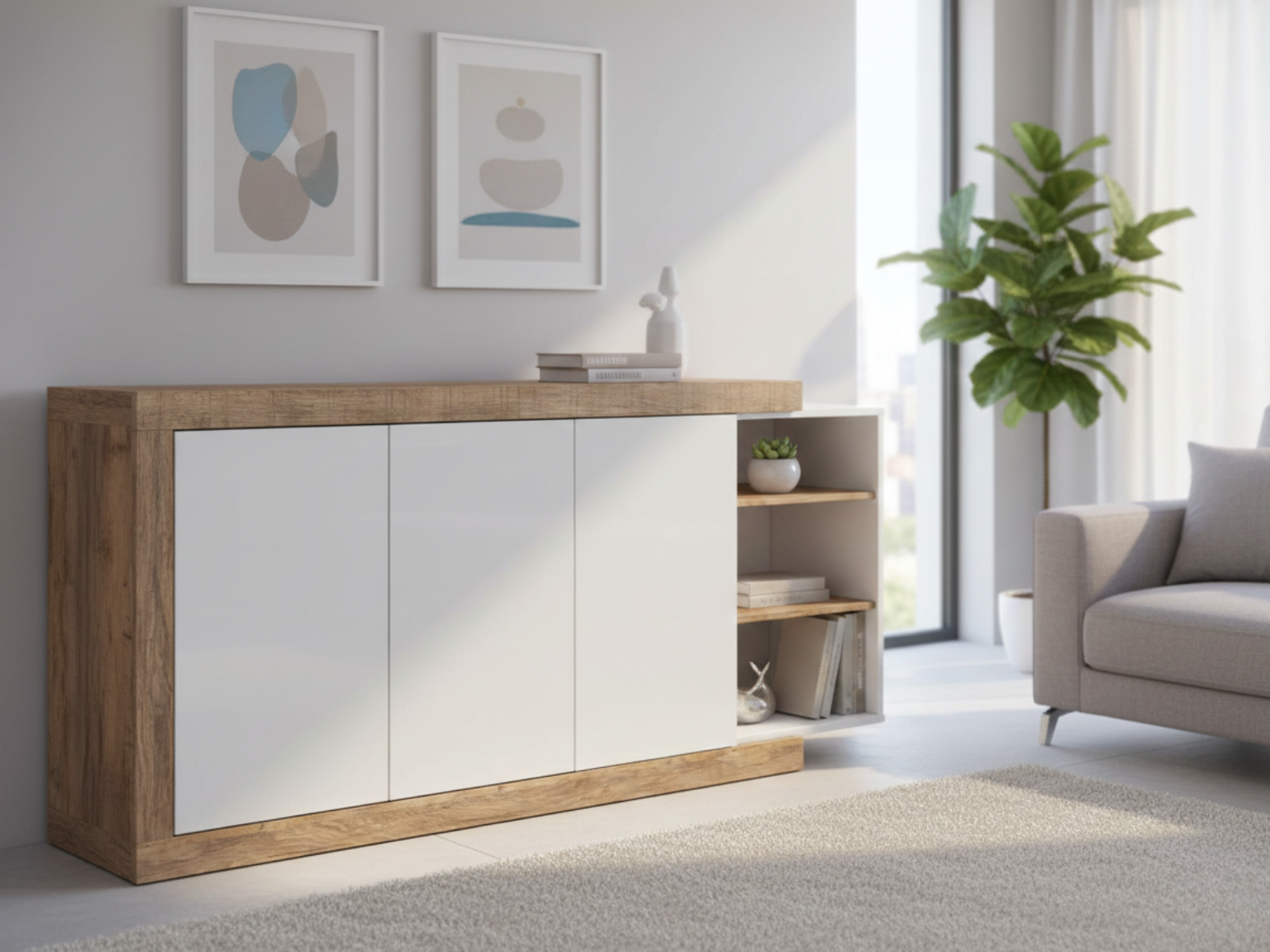 Buffet/bahut SINO 3 portes 180 cm chêne/blanc laqué