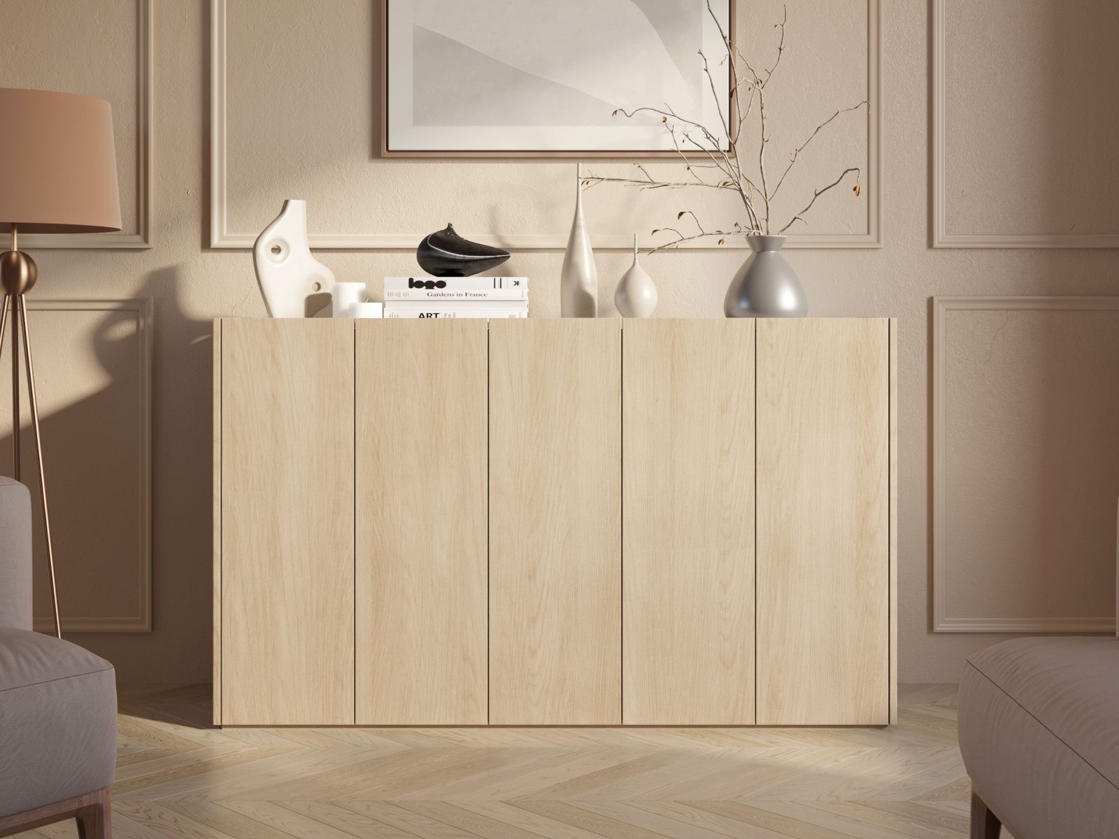 Meuble à chaussures PEASY 5 portes chêne scandinave/blanc brillant