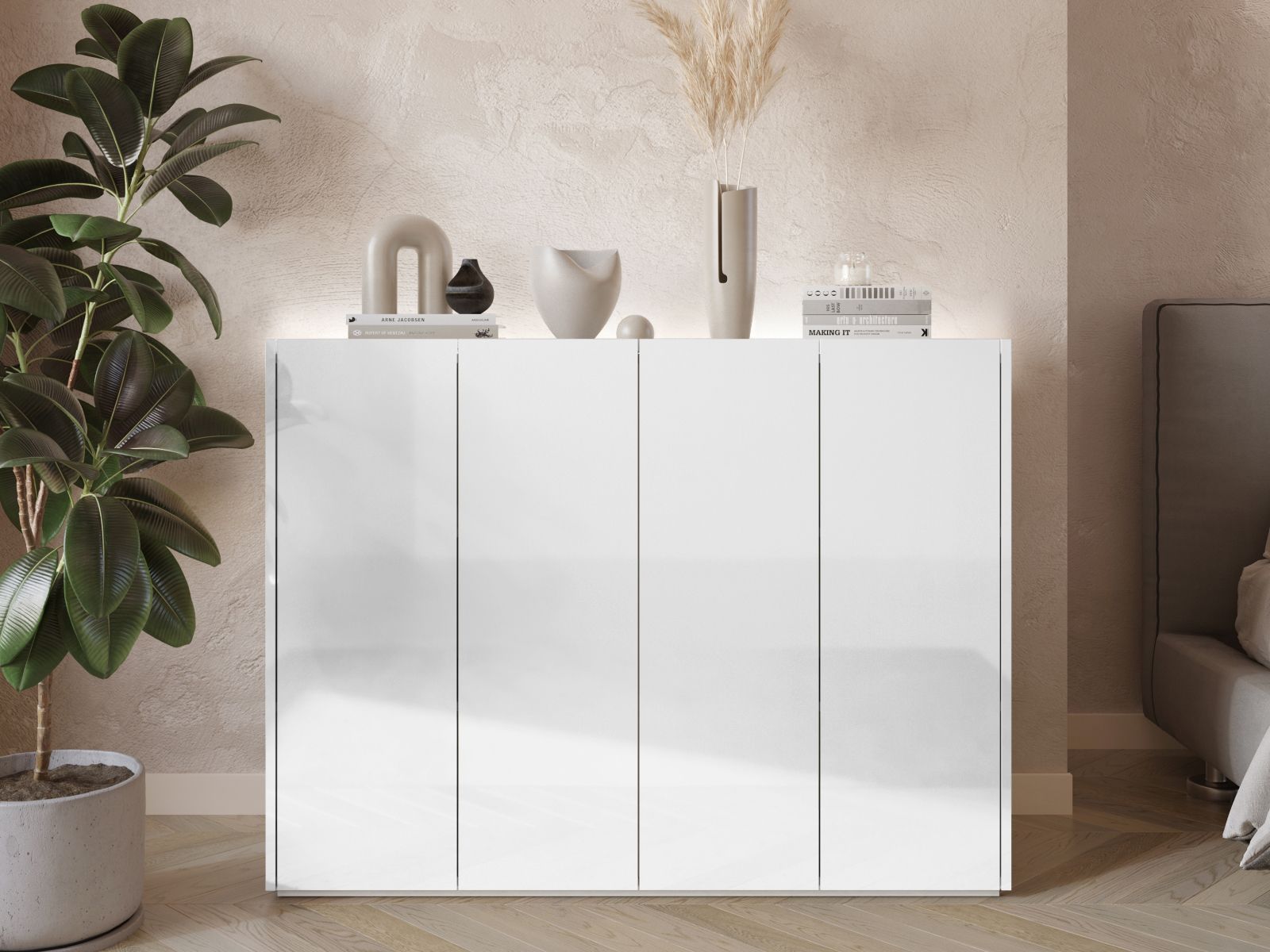 Meuble à chaussures PEASY 4 portes blanc brillant/chêne scandinave