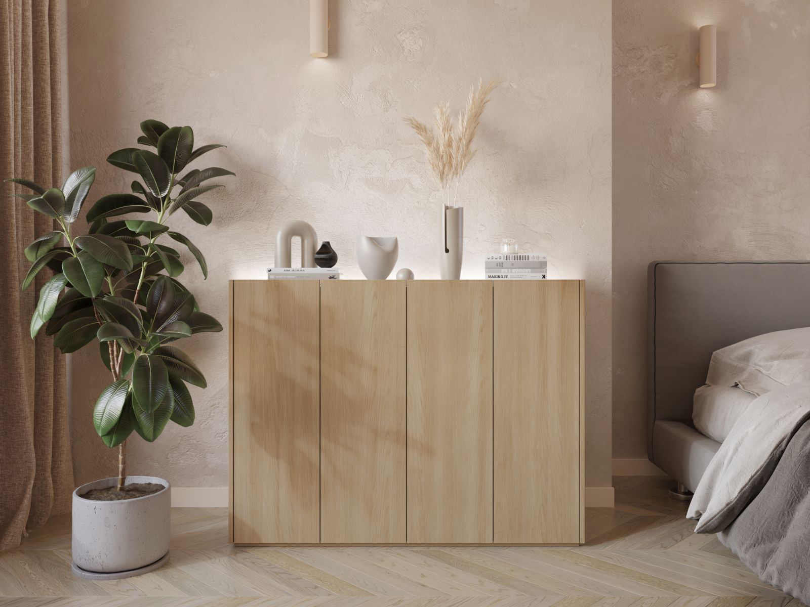 Meuble à chaussures PEASY 4 portes chêne scandinave/blanc brillant