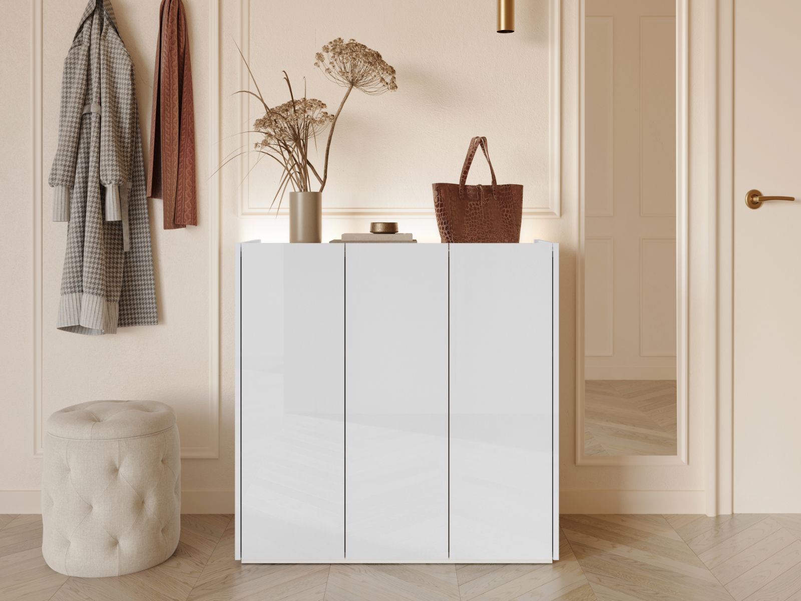 Meuble à chaussures PEASY 3 portes blanc brillant/chêne scandinave