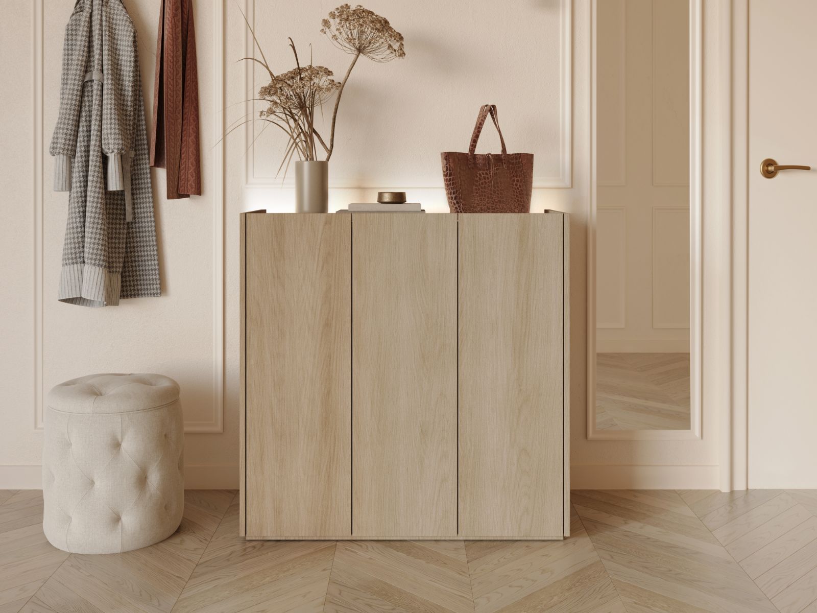 Meuble à chaussures PEASY 3 portes chêne scandinave/blanc brillant