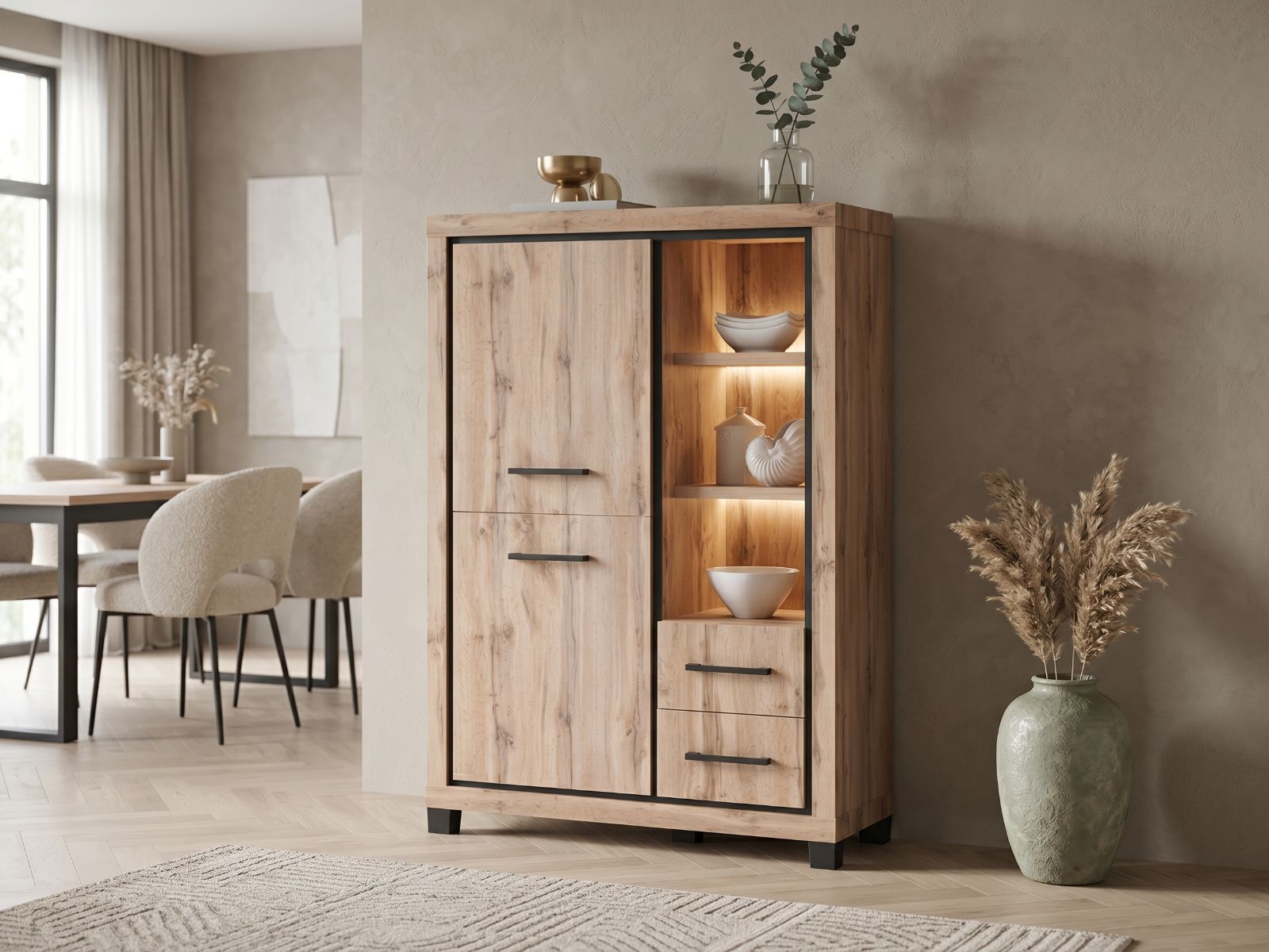 Meuble bar ELEGA 2 portes 2 tiroirs chêne canadien avec led