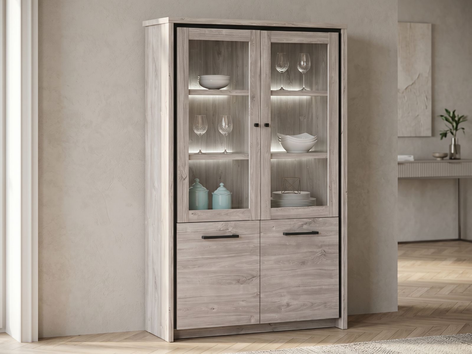Vitrine ELINA 4 portes chêne gris avec led