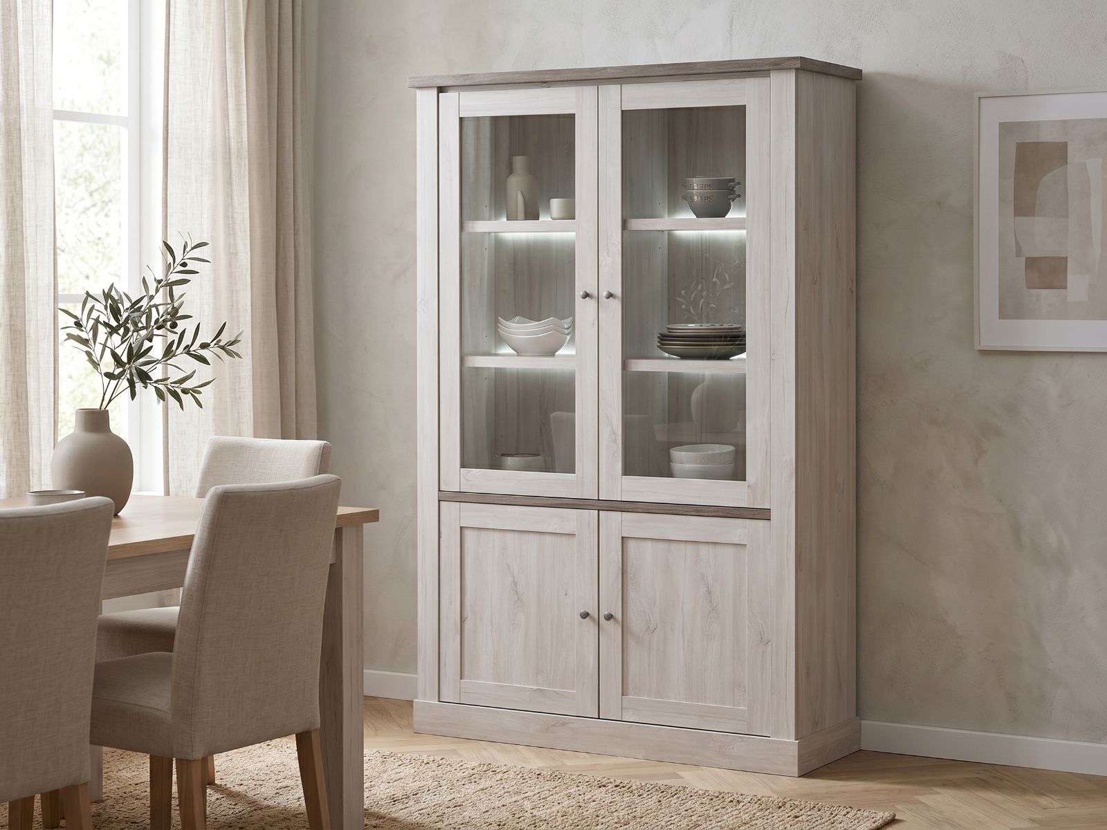 Vitrine NELI 4 portes chêne blanc/chêne d'automne