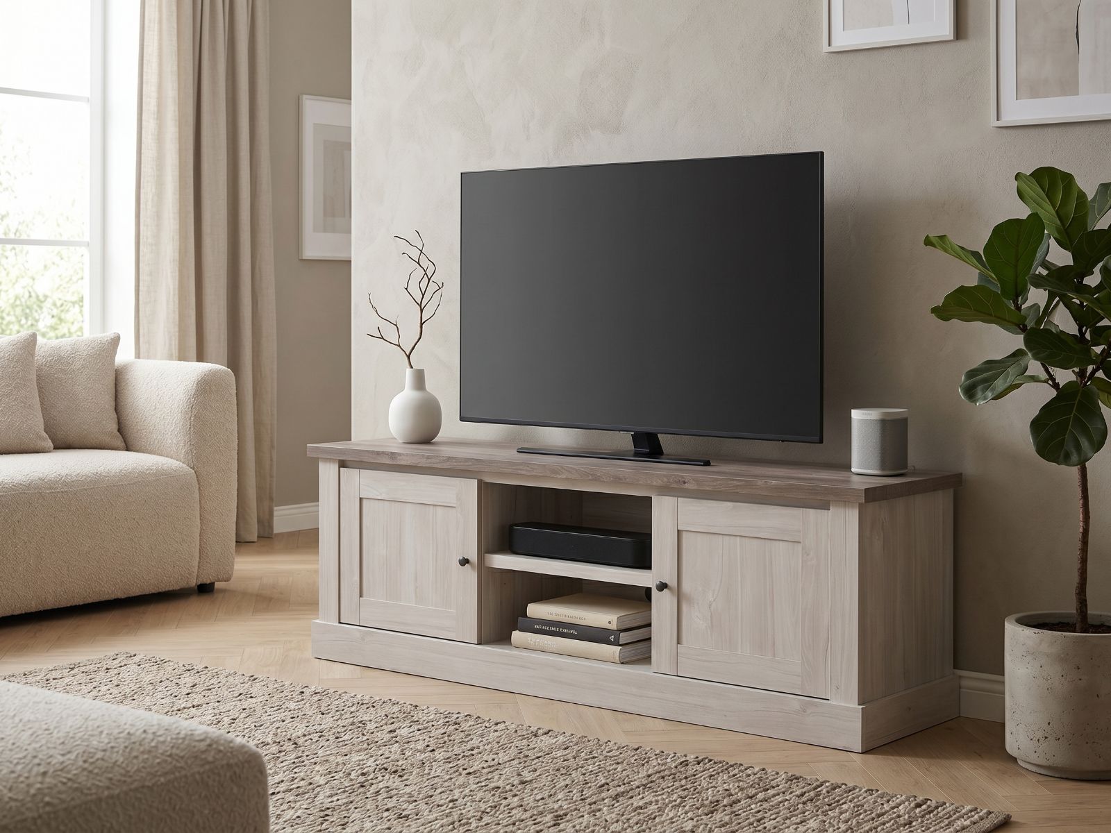 Meuble TV NELI 2 portes chêne blanc/chêne d'automne