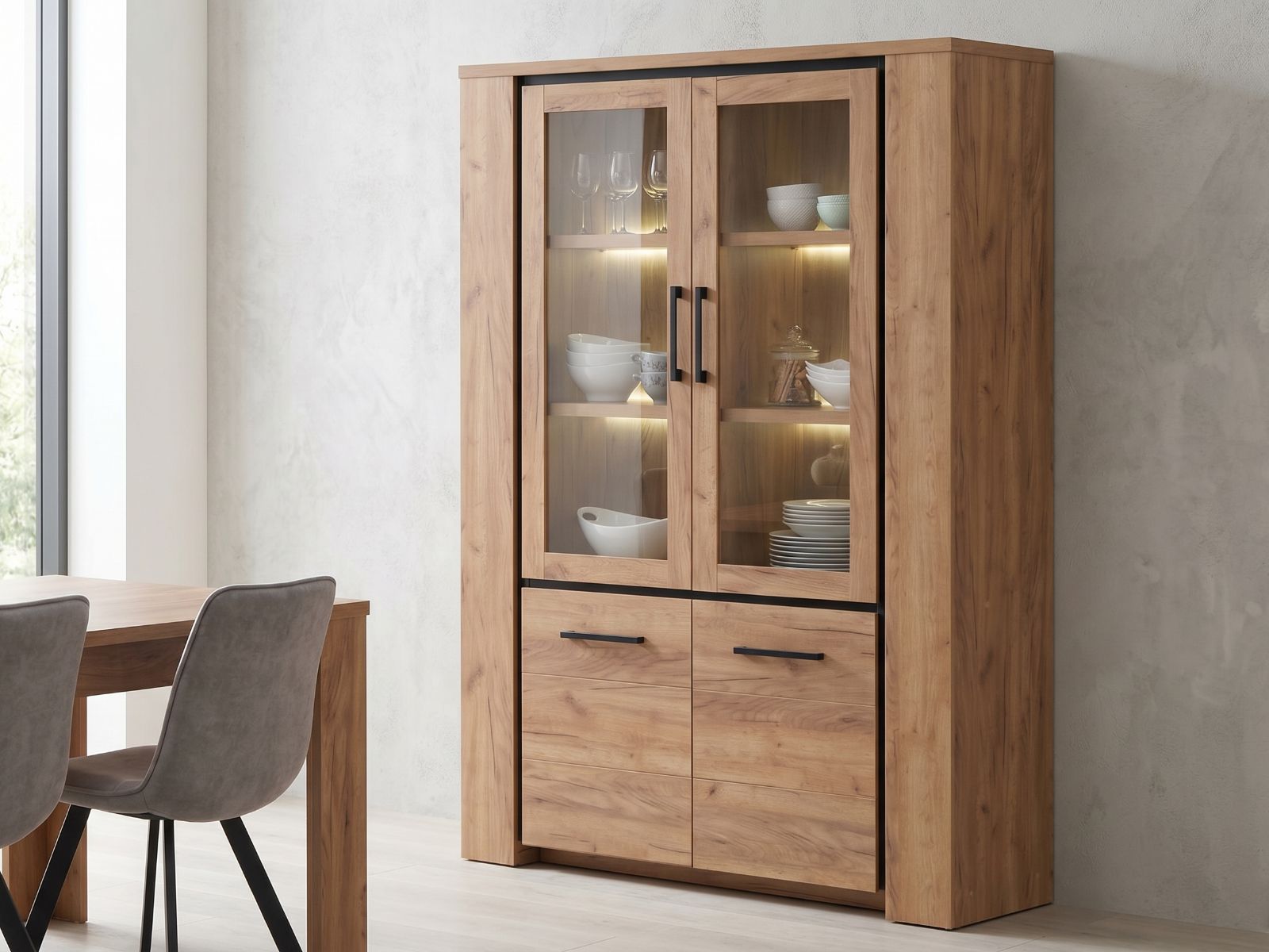 Vitrine ELLIOT 4 portes chêne français d'automne avec led
