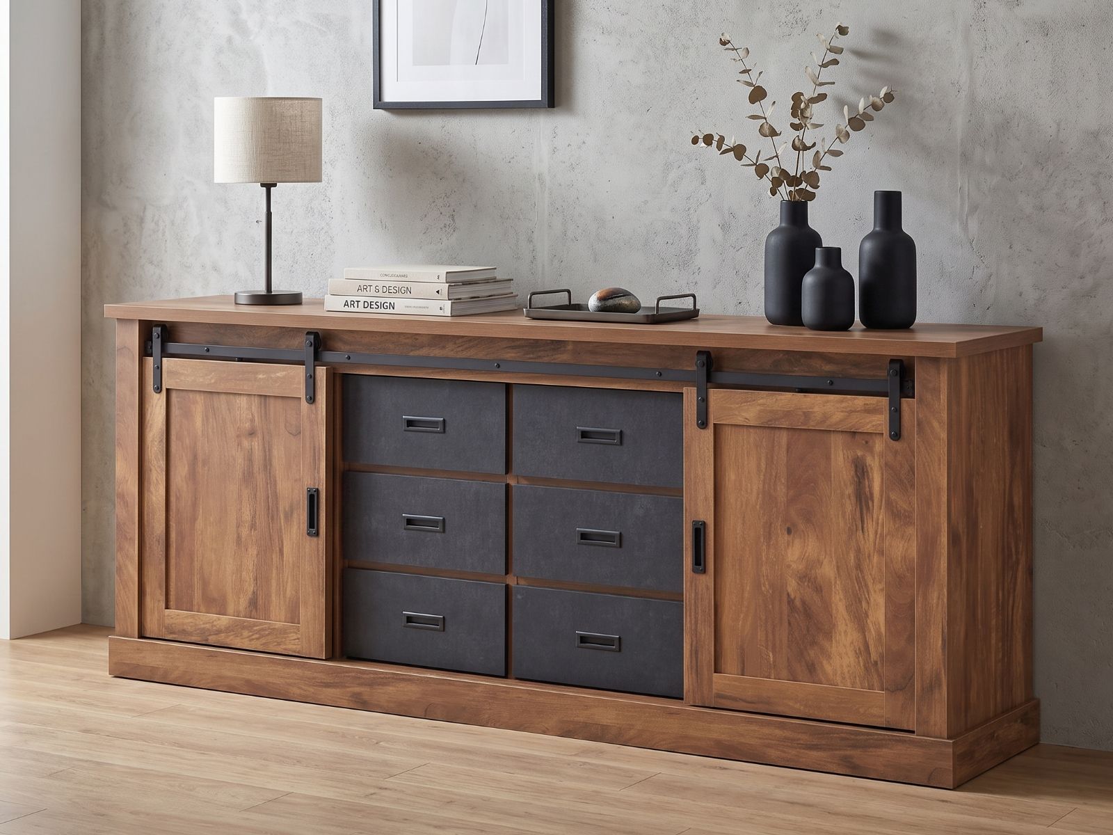 Buffet/bahut ELONI 2 portes 6 tiroirs acacia