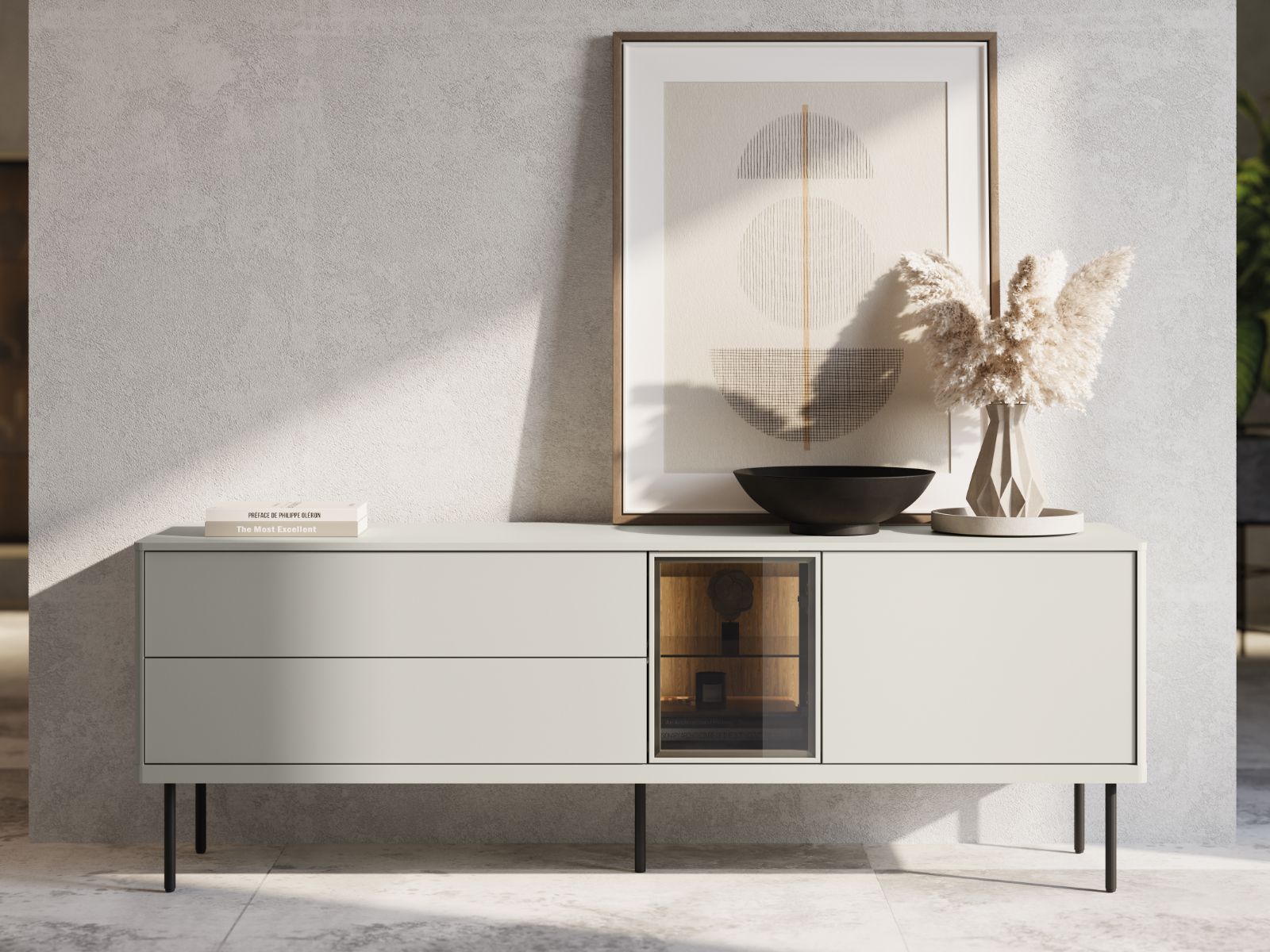 Meuble tv-hifi EMPIRO 2 portes 2 tiroirs 161 cm cachemire avec led