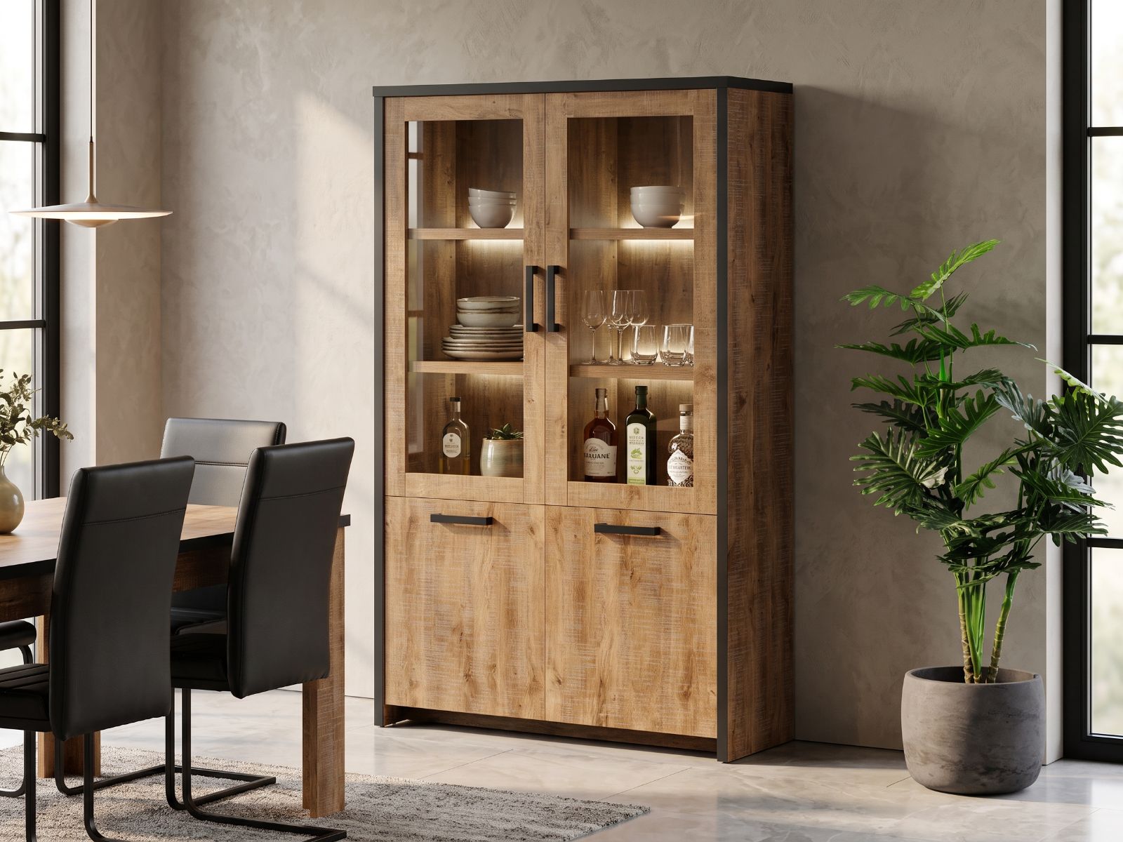 Vitrine ETERIAL 4 portes chêne industriel avec led