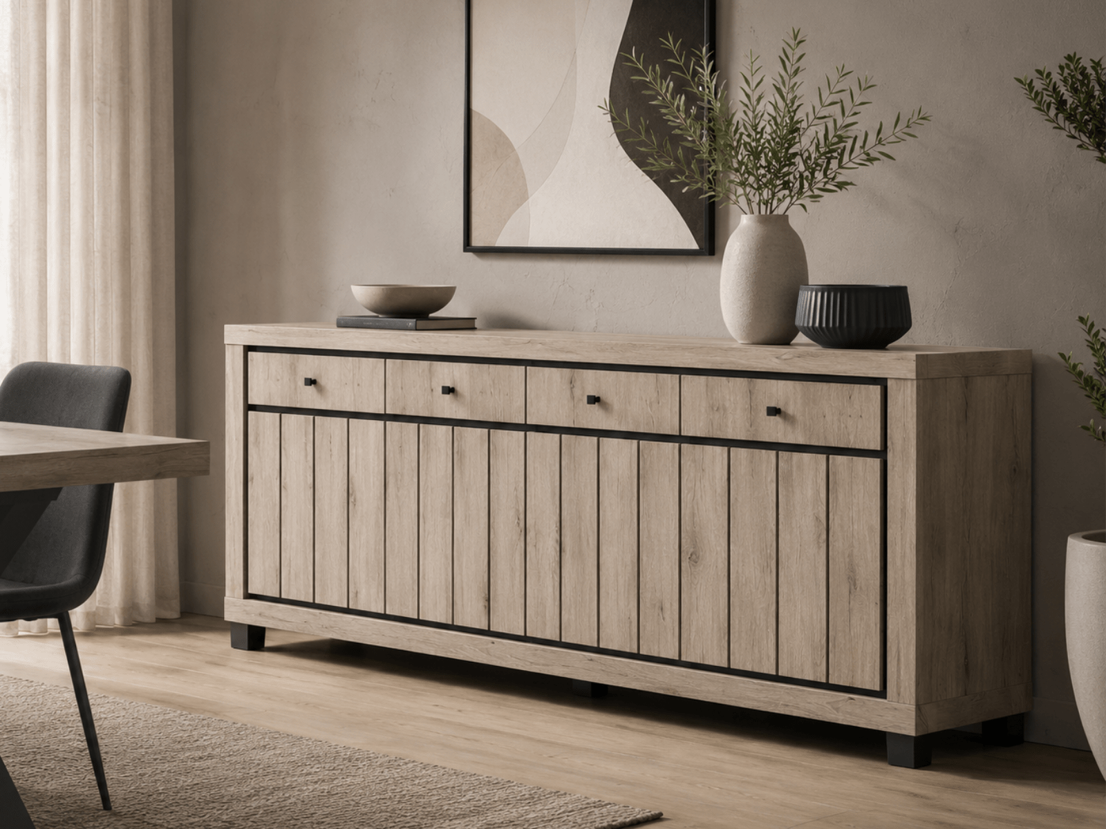 Buffet/bahut ARCHIMEDE 4 portes 4 tiroirs chêne naturel/noir