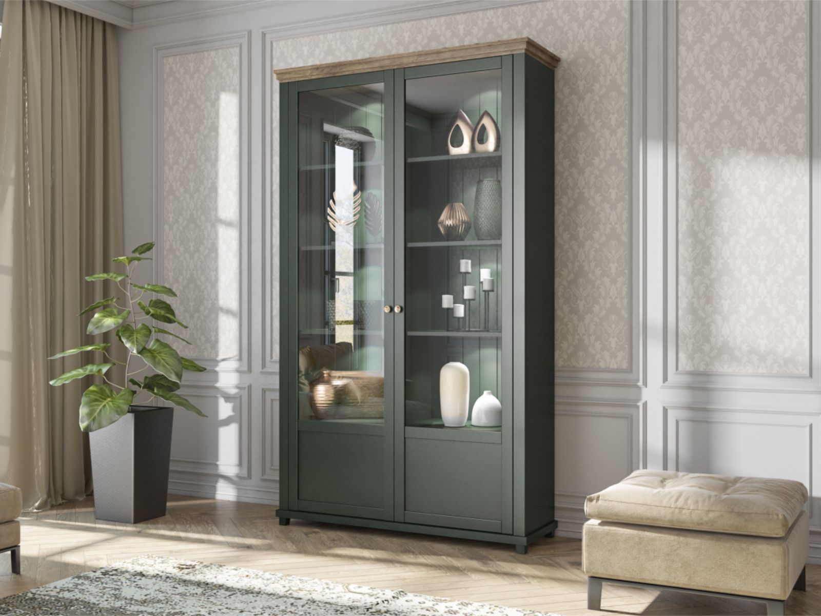 Vitrine EVOCO 2 portes chêne ribbec/vert avec led