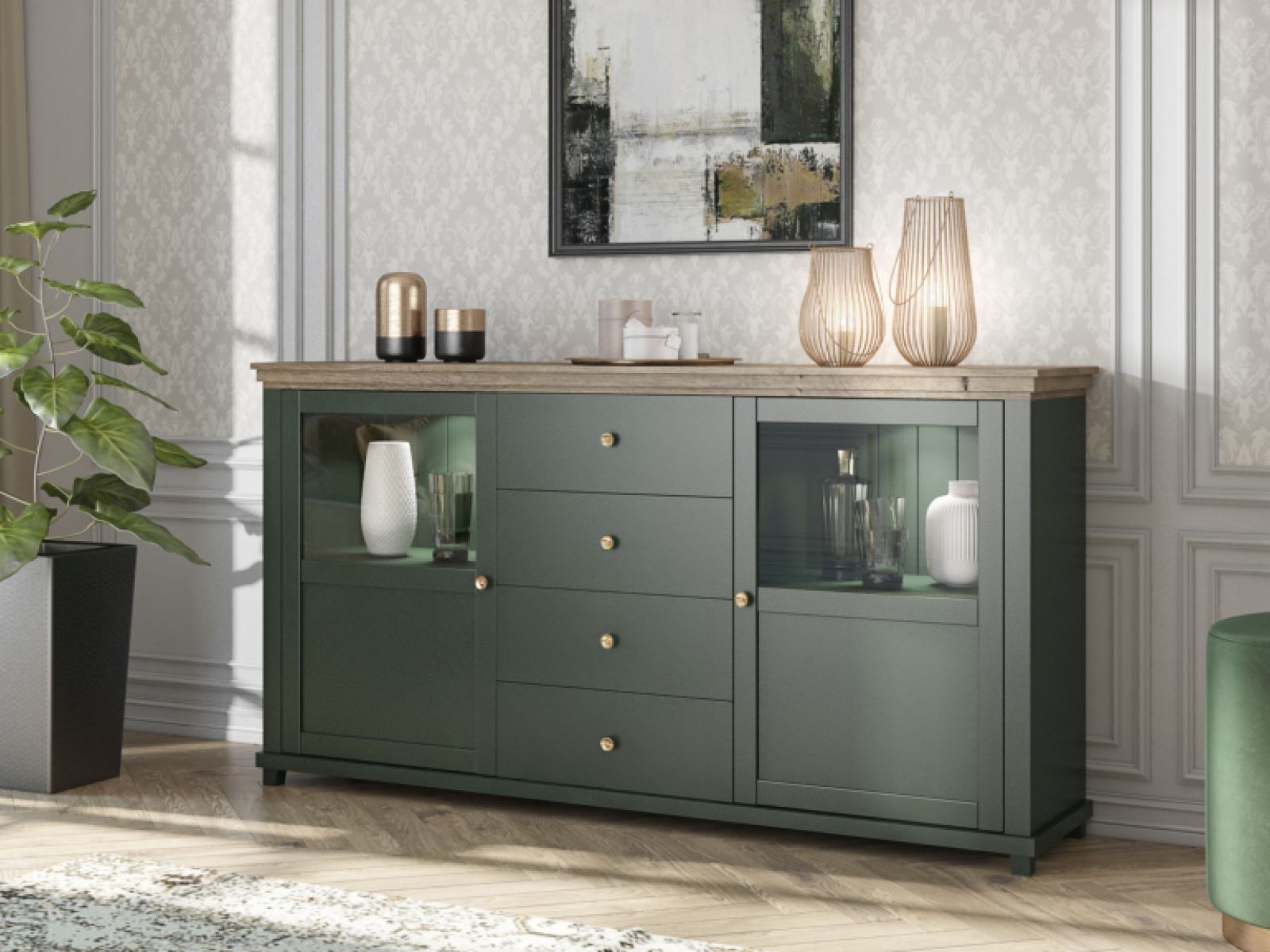 Buffet/bahut EVOCO 2 portes 4 tiroirs chêne ribbec/vert