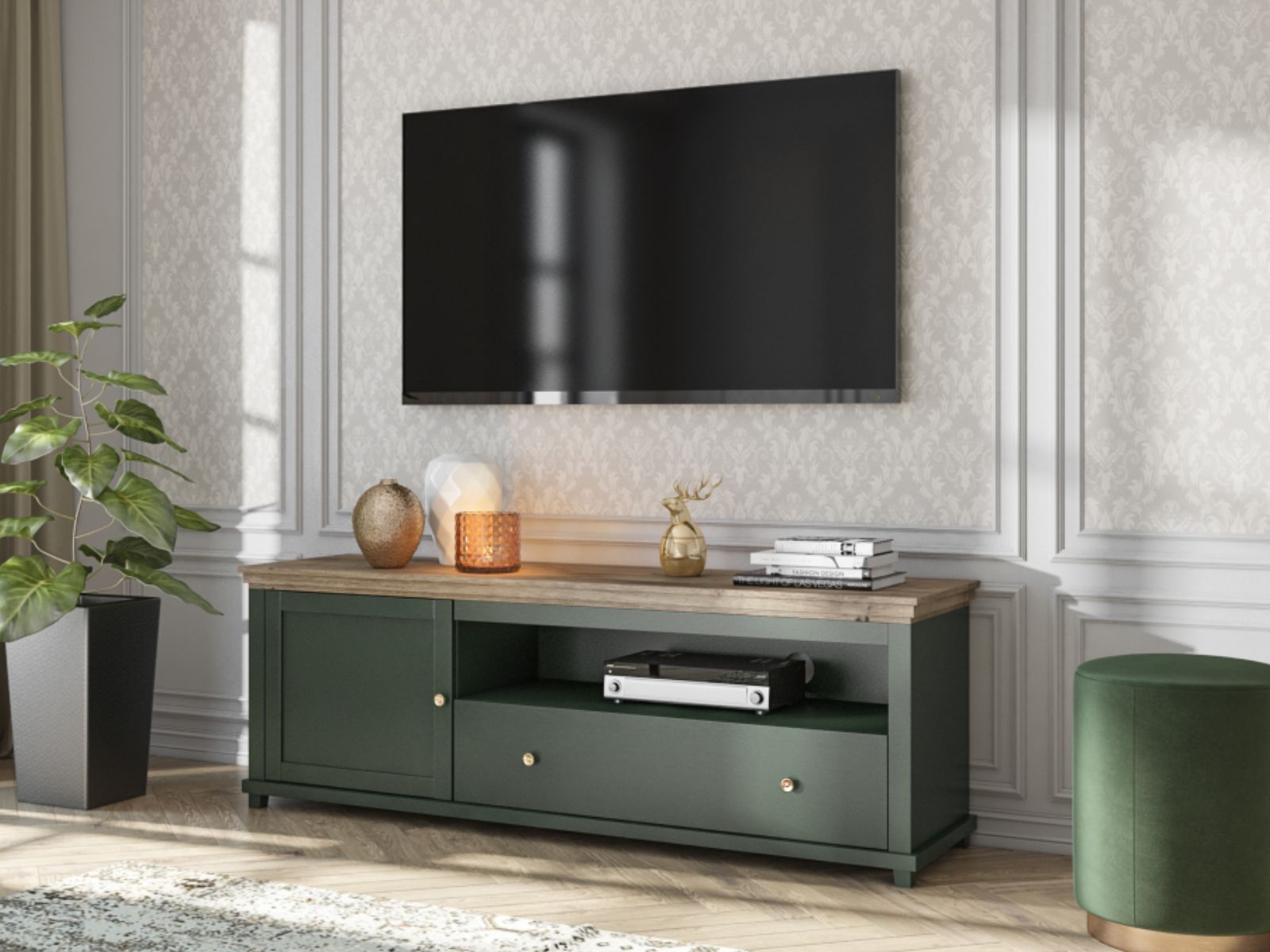 Meuble tv-hifi EVOCO 1 porte 1 tiroir chêne ribbec/vert