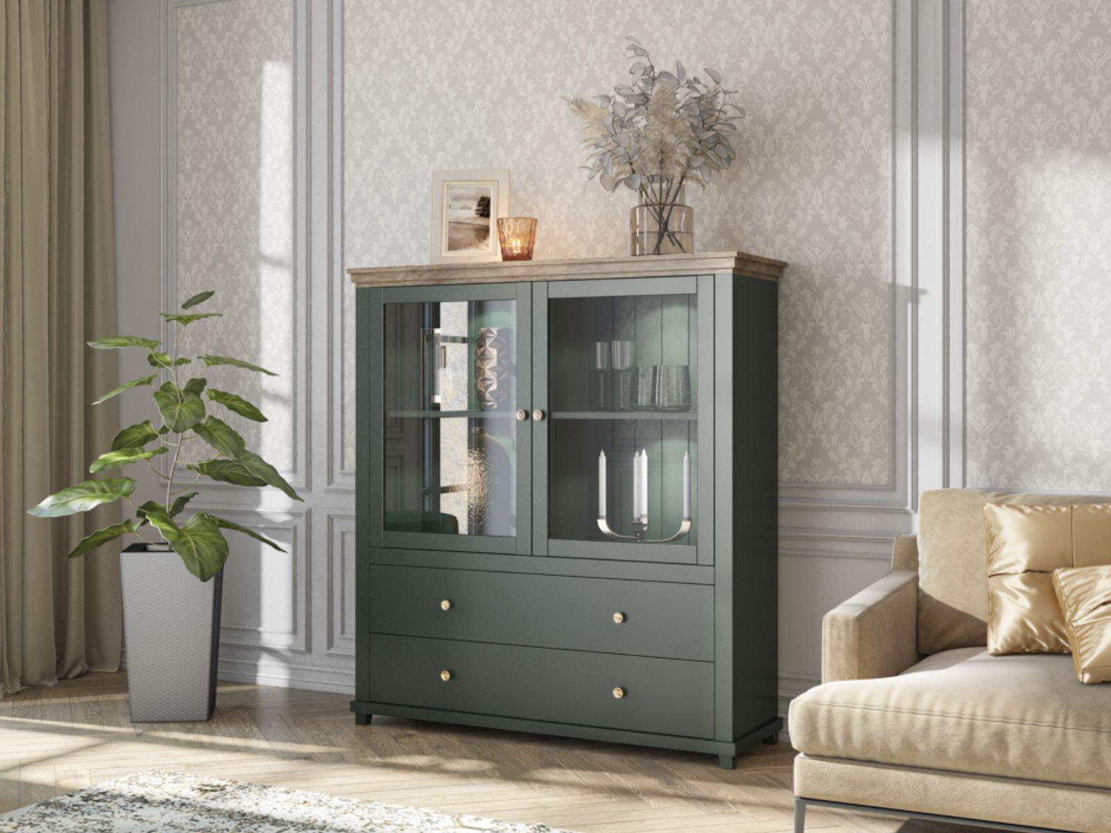 Vitrine EVOCO 2 portes 2 tiroirs chêne ribbec/vert avec led