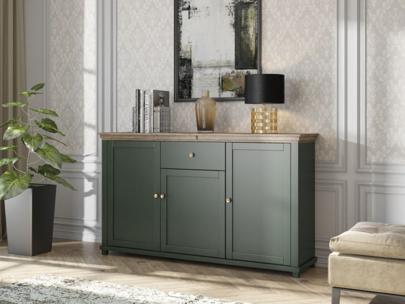 Commode EVOCO 3 portes 1 tiroir chêne ribbec/vert