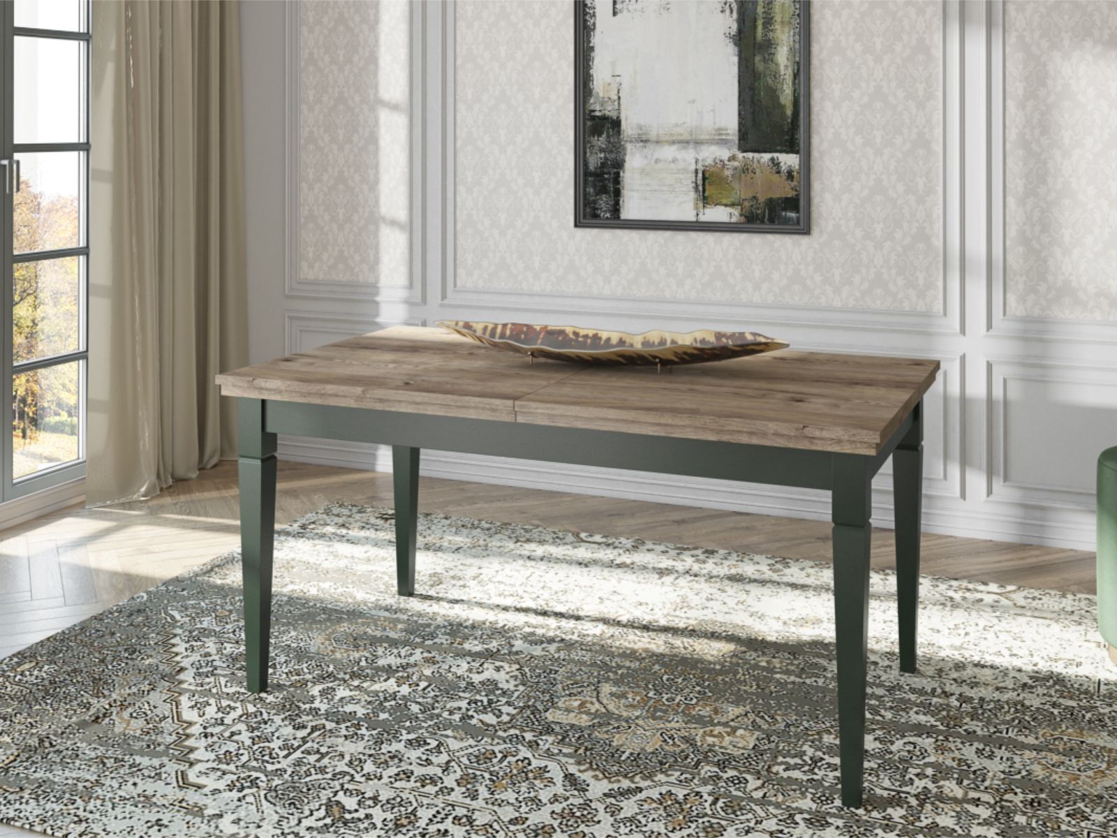 Table repas extensible EVOCO 160 > 240 cm chêne ribbec/vert