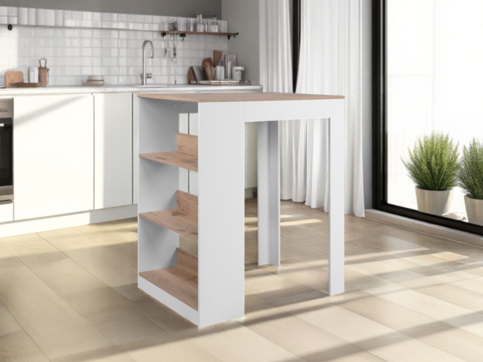 Ilot de cuisine TAMPICO blanc/chêne suédois