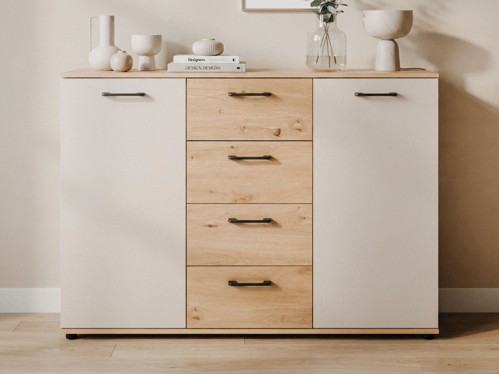 Buffet/bahut KIRRI 2 portes 4 tiroirs cachemire/chêne artisan