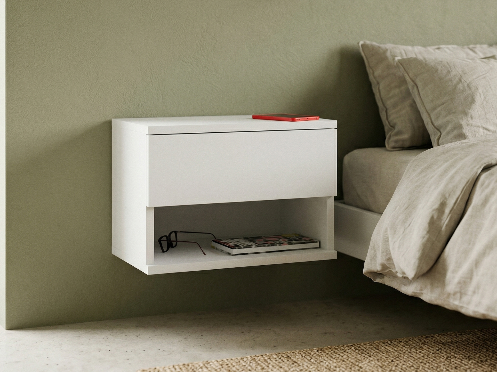 Chevet mural NECELA 1 tiroir blanc/blanc brillant