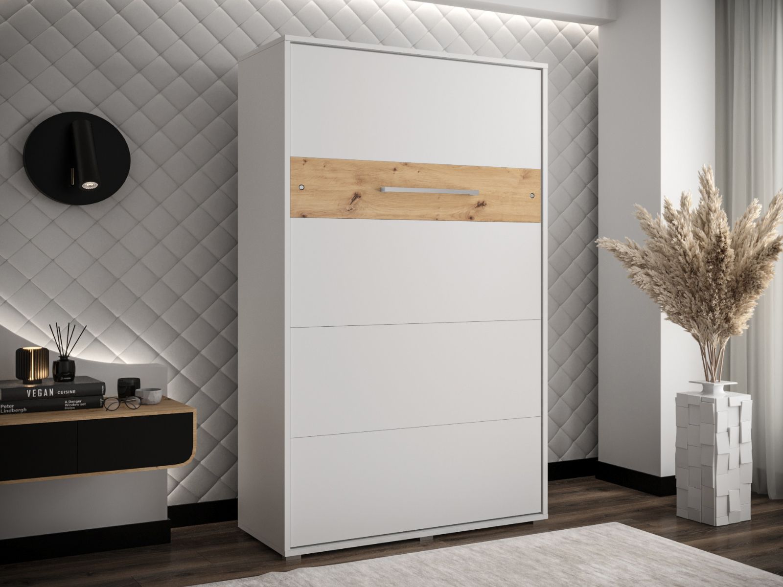 Lit escamotable HOUDI 120x200 blanc/chêne artisan