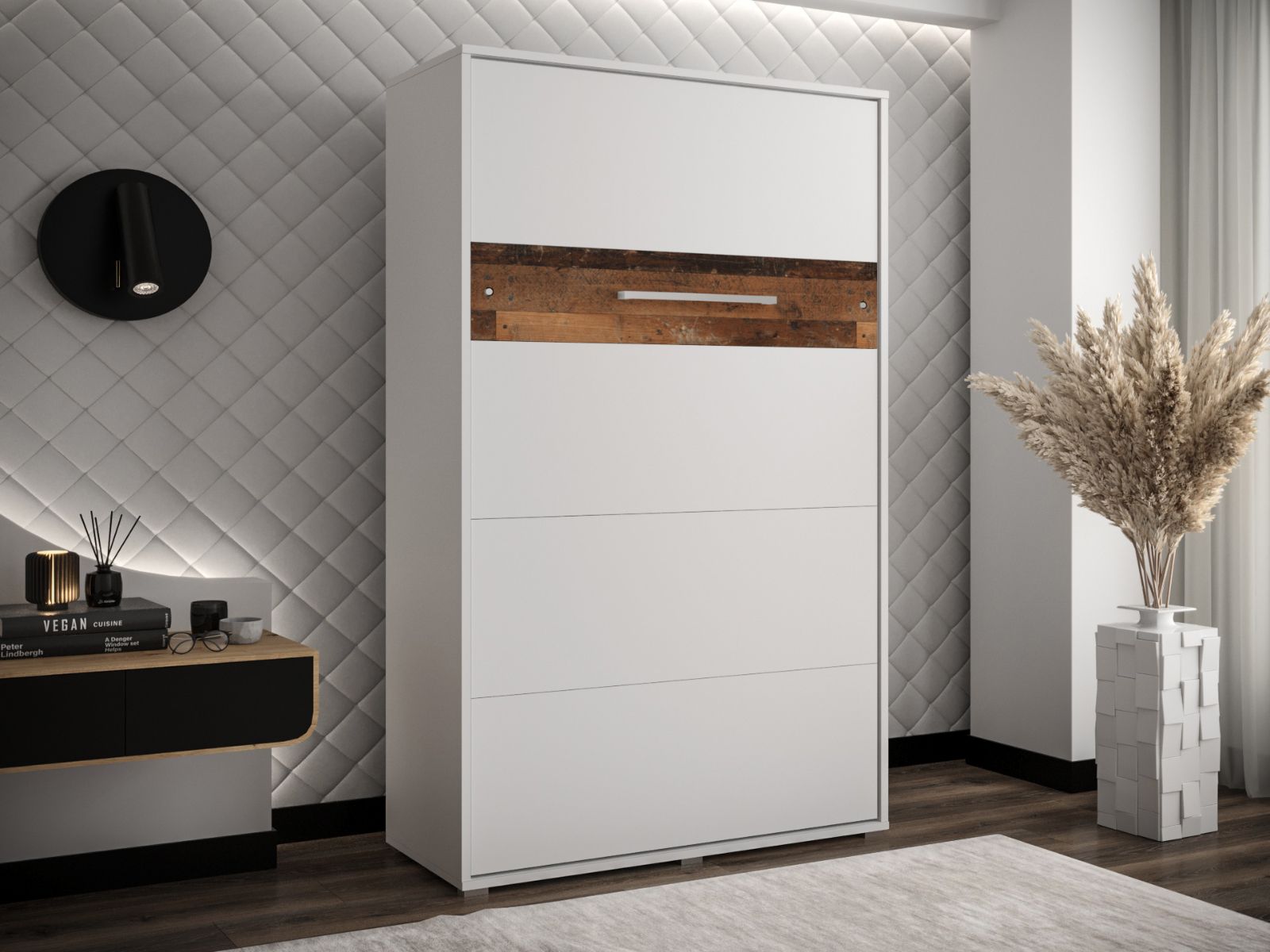 Lit escamotable HOUDI 120x200 blanc/chêne old style