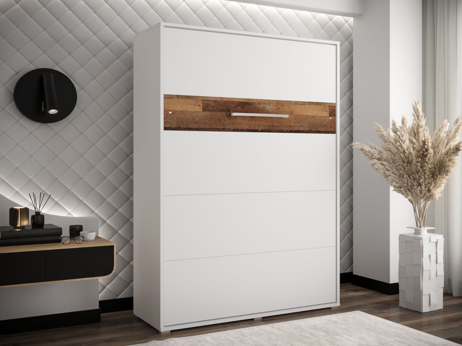 Lit escamotable HOUDI 140x200 blanc/chêne old style