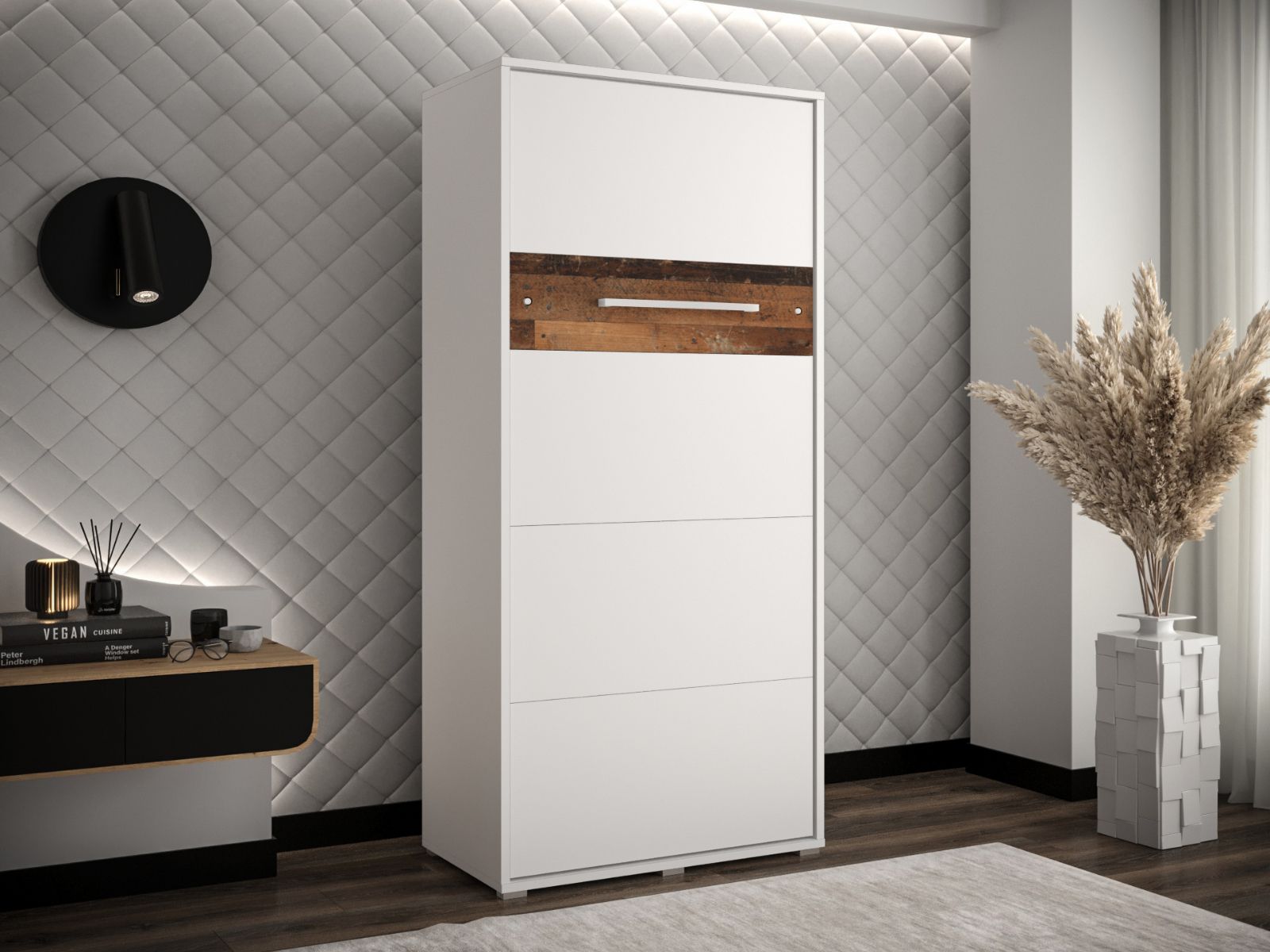 Lit escamotable HOUDI 90x200 blanc/chêne old style