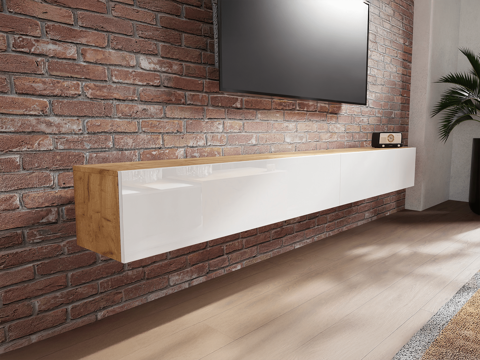 Meuble tv-hifi KINGSTON 2 portes battantes 245 cm chêne doré/blanc brillant